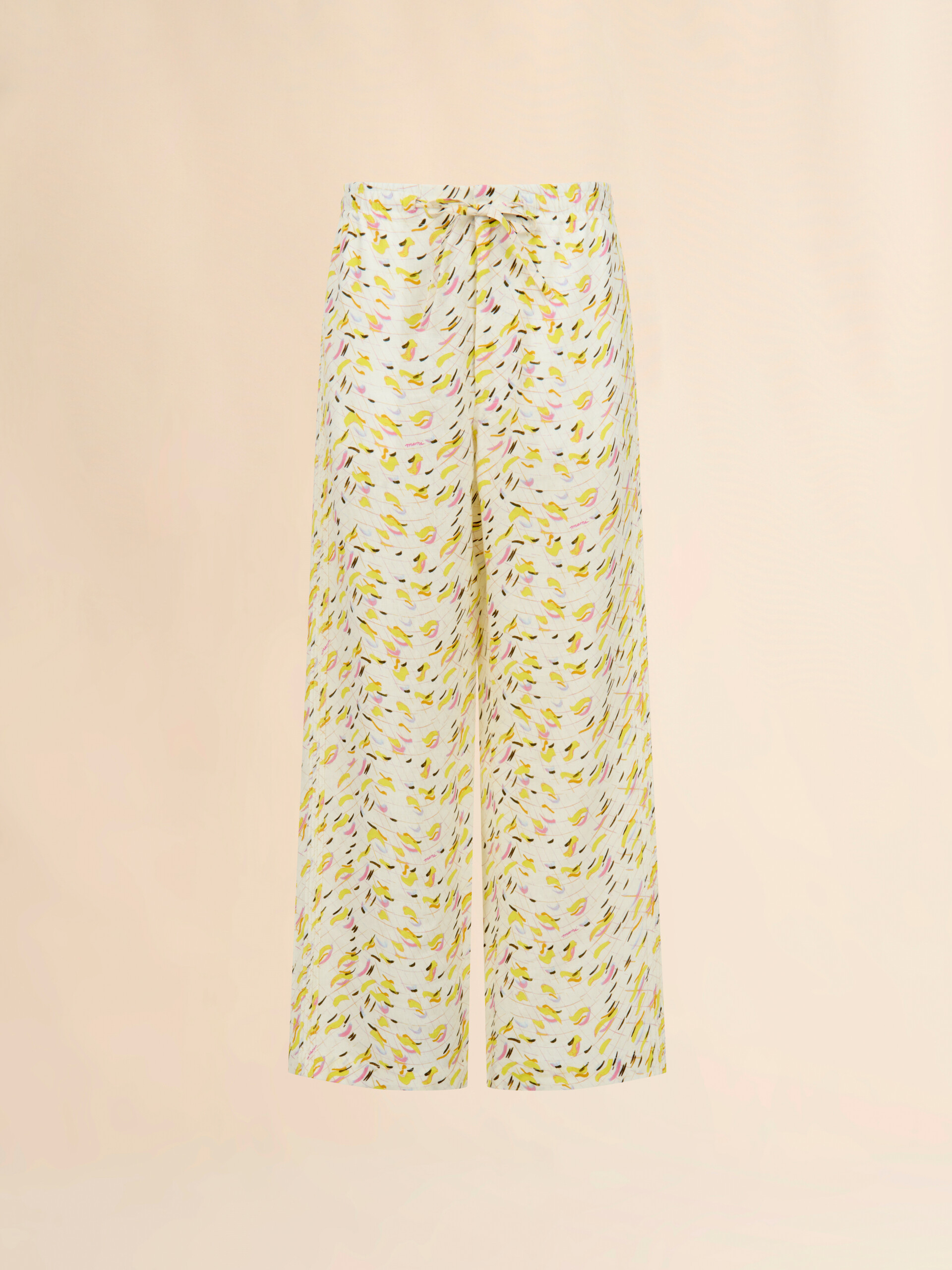 Yellow linen trousers with Brushstroke Wave print - Pants - Image 1