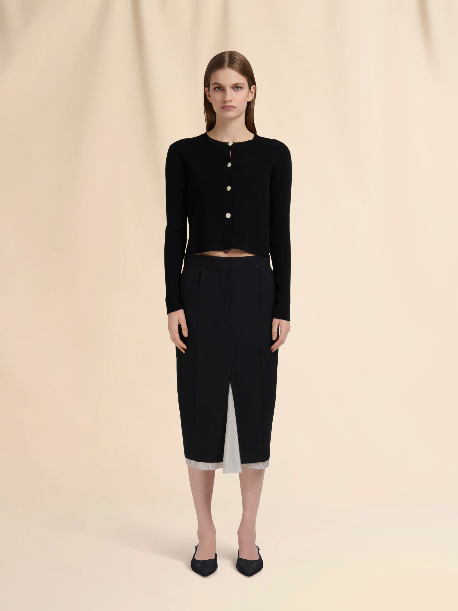 Black wool midi skirt with visible lining - Skirts - Image 2