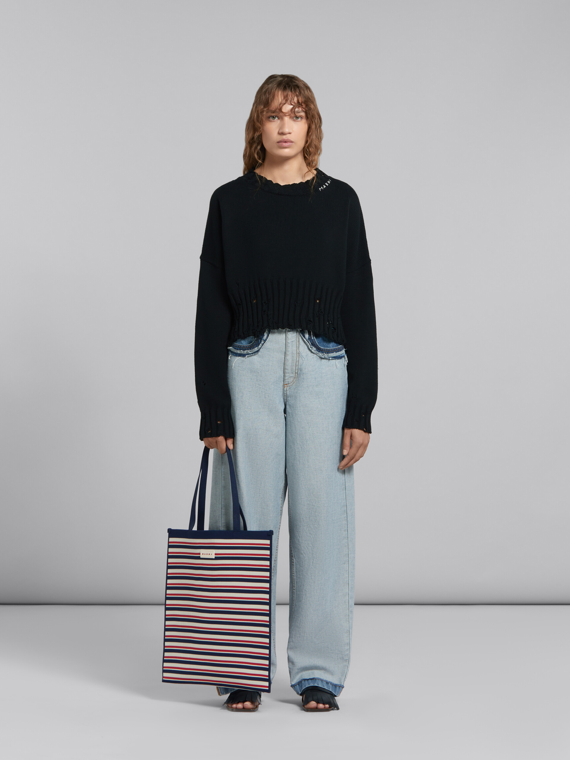 Navy white and red jacquard stripe flat tote bag | Marni