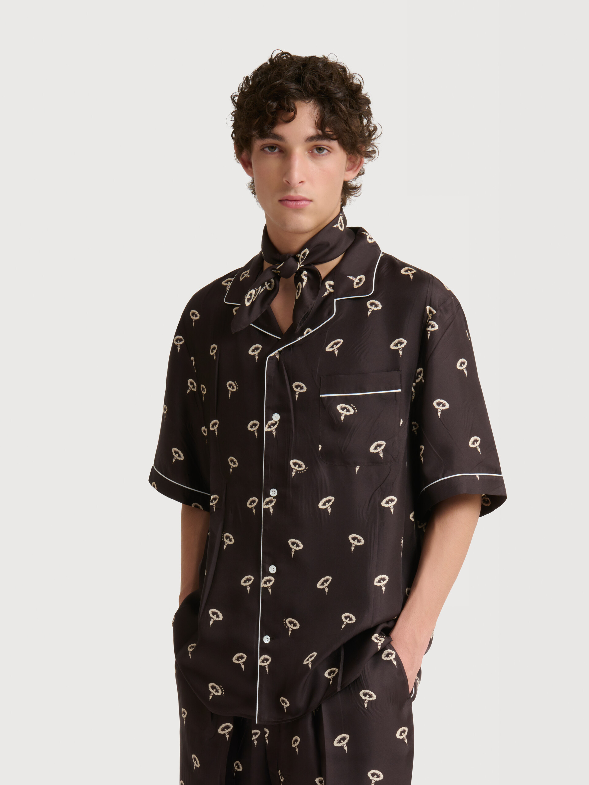 Brown silk twill pyjama shirt with floral print - Shirts - Image 2