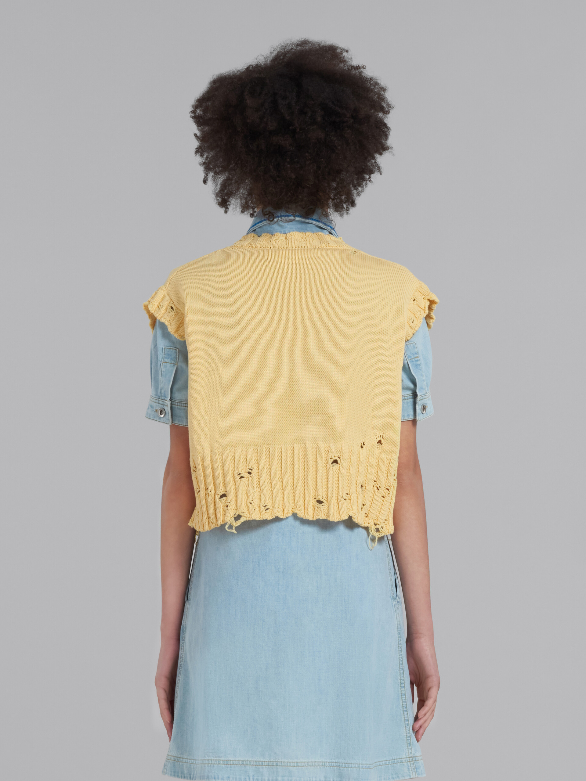 Yellow cotton V-neck vest - Pullovers - Image 3
