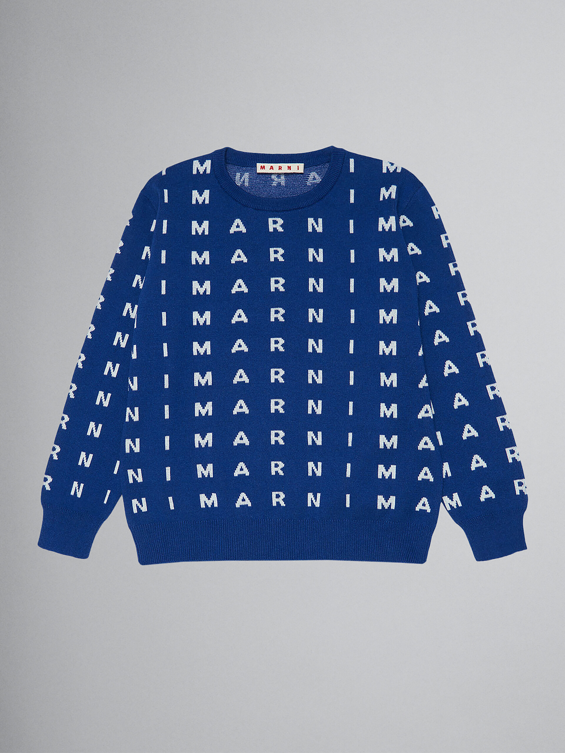 Maglione blu girocollo in cotone con logo allover - Maglieria - Image 1