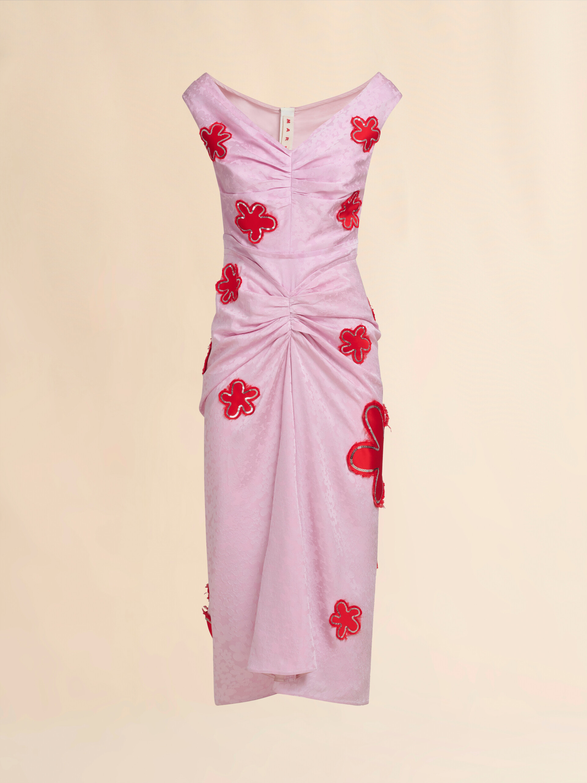 Pink silk jaquard dress with flower patches and sequins - Dresses - Image 1
