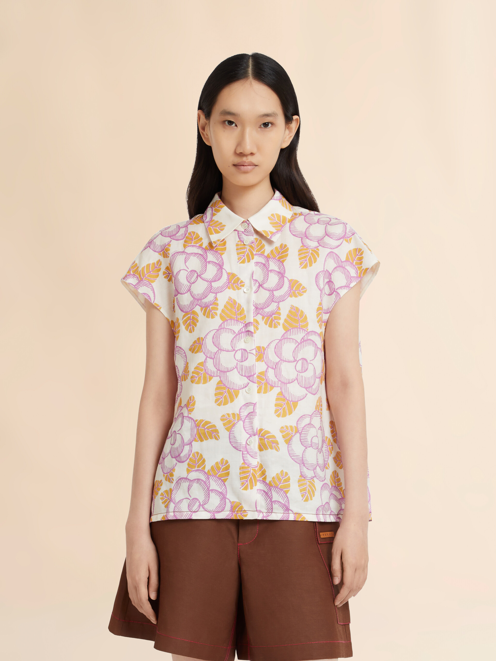 Banjoプリント クリームラミー ギャザーシャツ - シャツ - Image 2