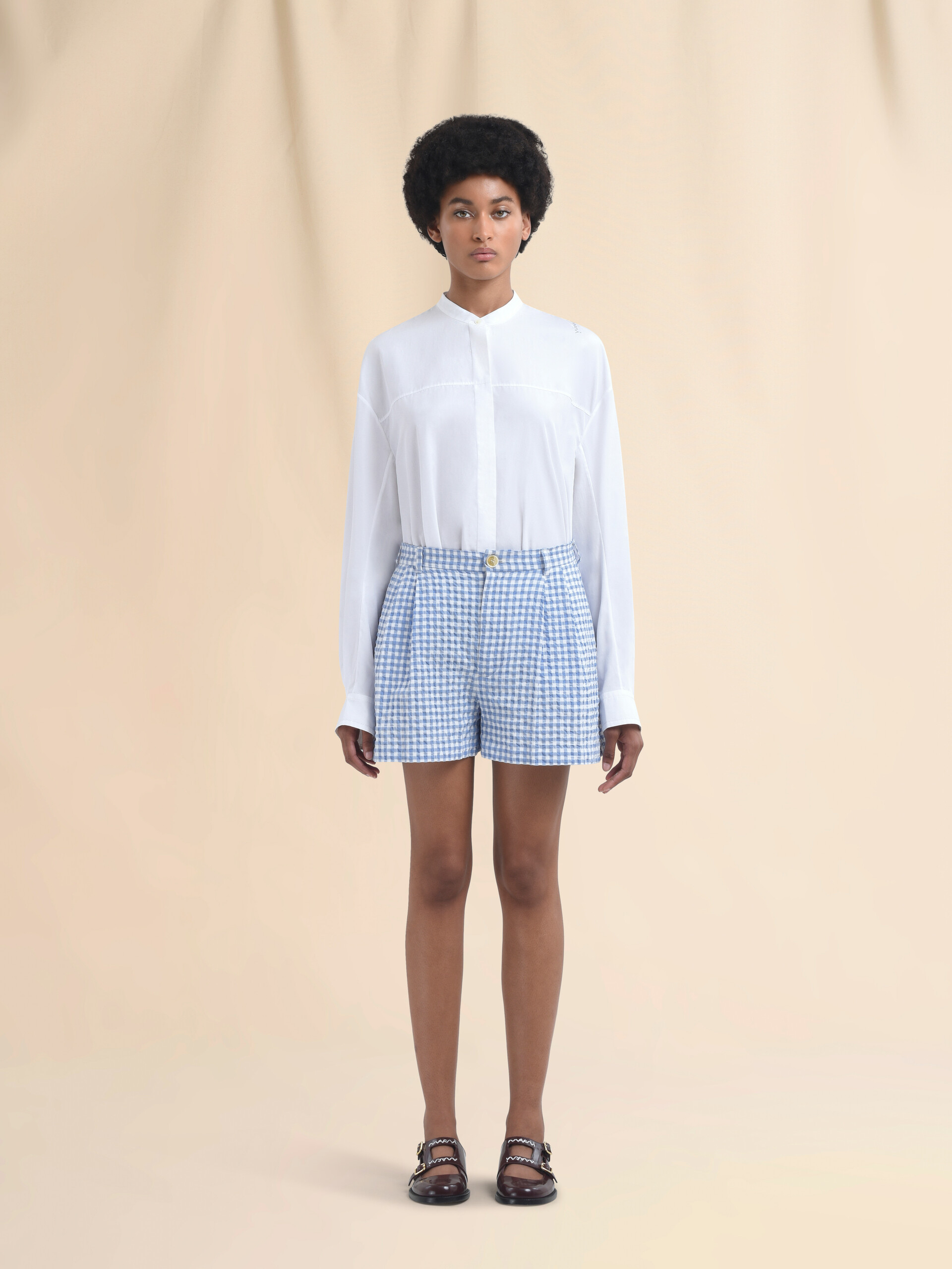 Light blue and white checked seersucker shorts - Pants - Image 2