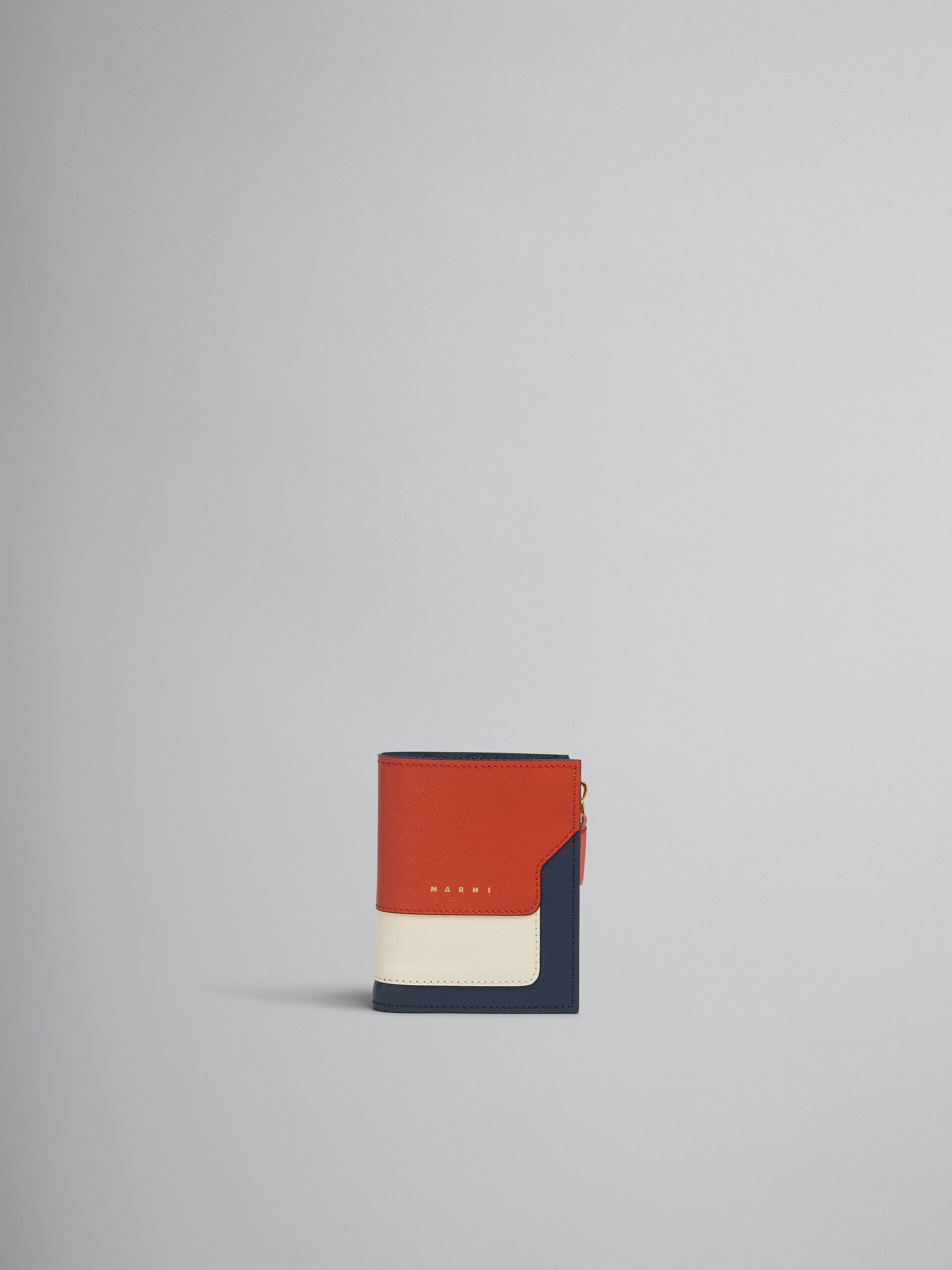 Zweifache Faltbrieftasche aus Saffiano-Leder in Orange, Cremefarben und Dunkelblau - Brieftaschen - Image 1