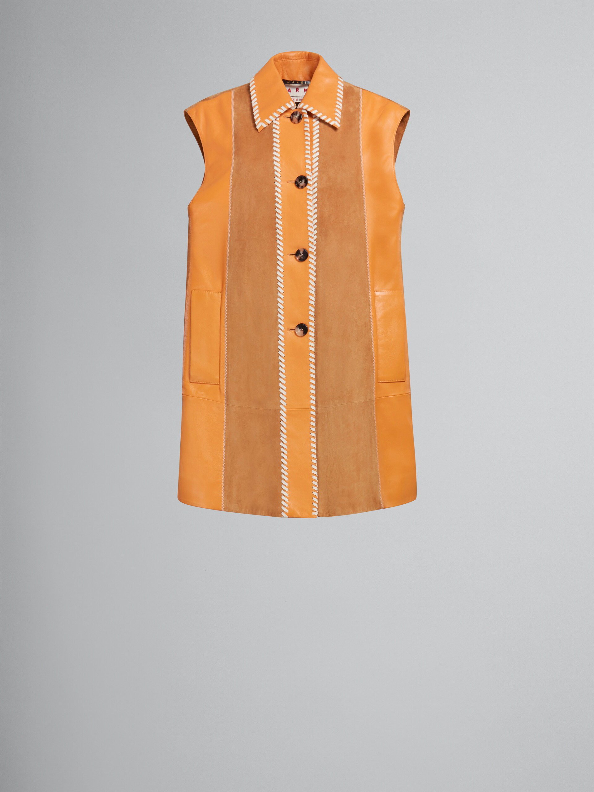 Vestido naranja efecto patchwork de napa y ante - Chaleco - Image 1