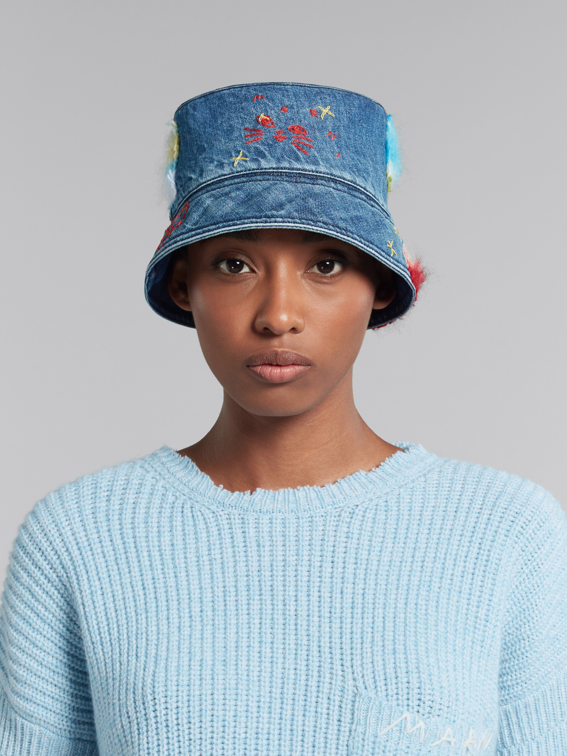 Blue organic denim bucket hat with mohair patches Marni