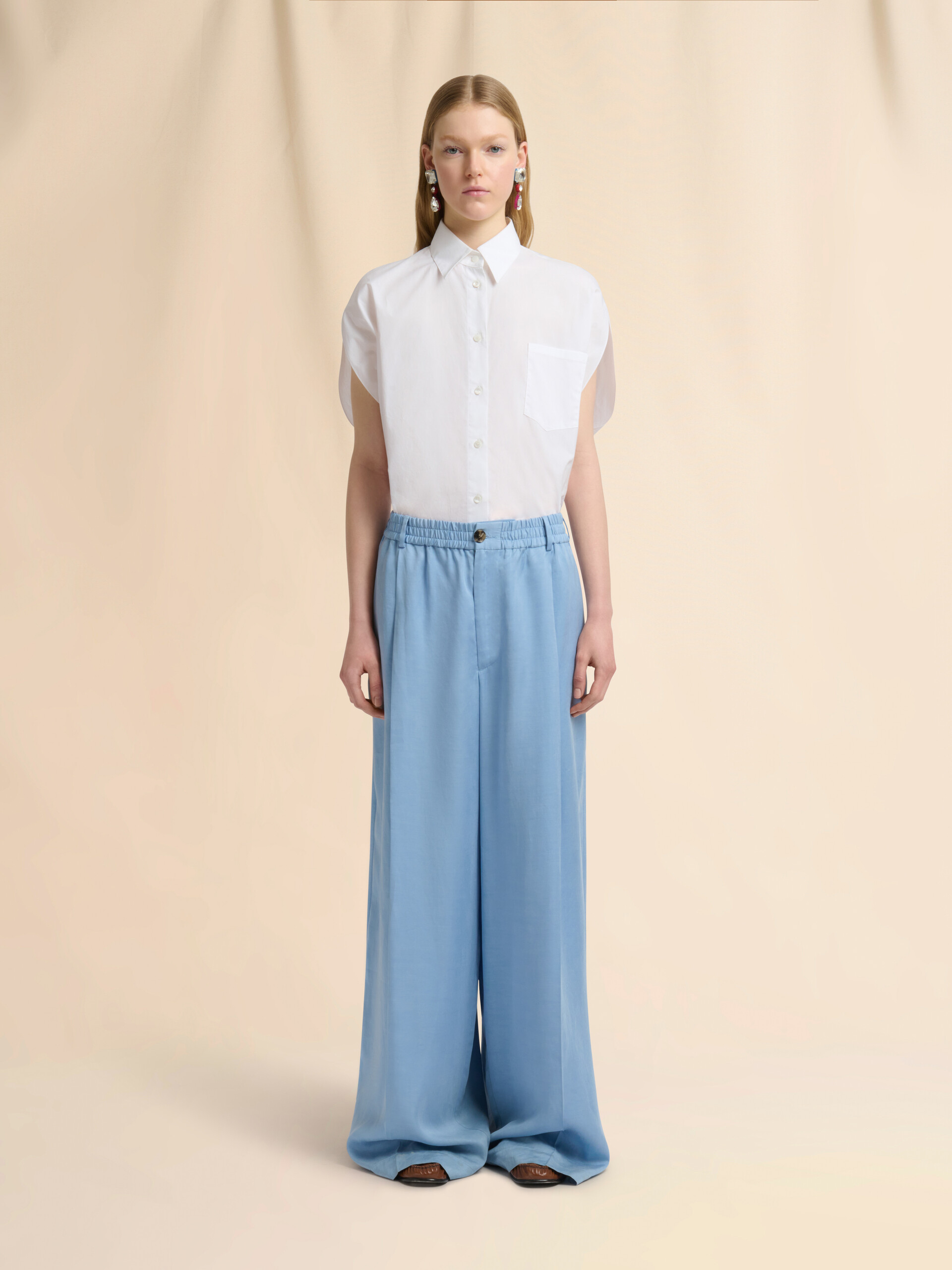 Light blue satin wide-leg trousers - Pants - Image 2