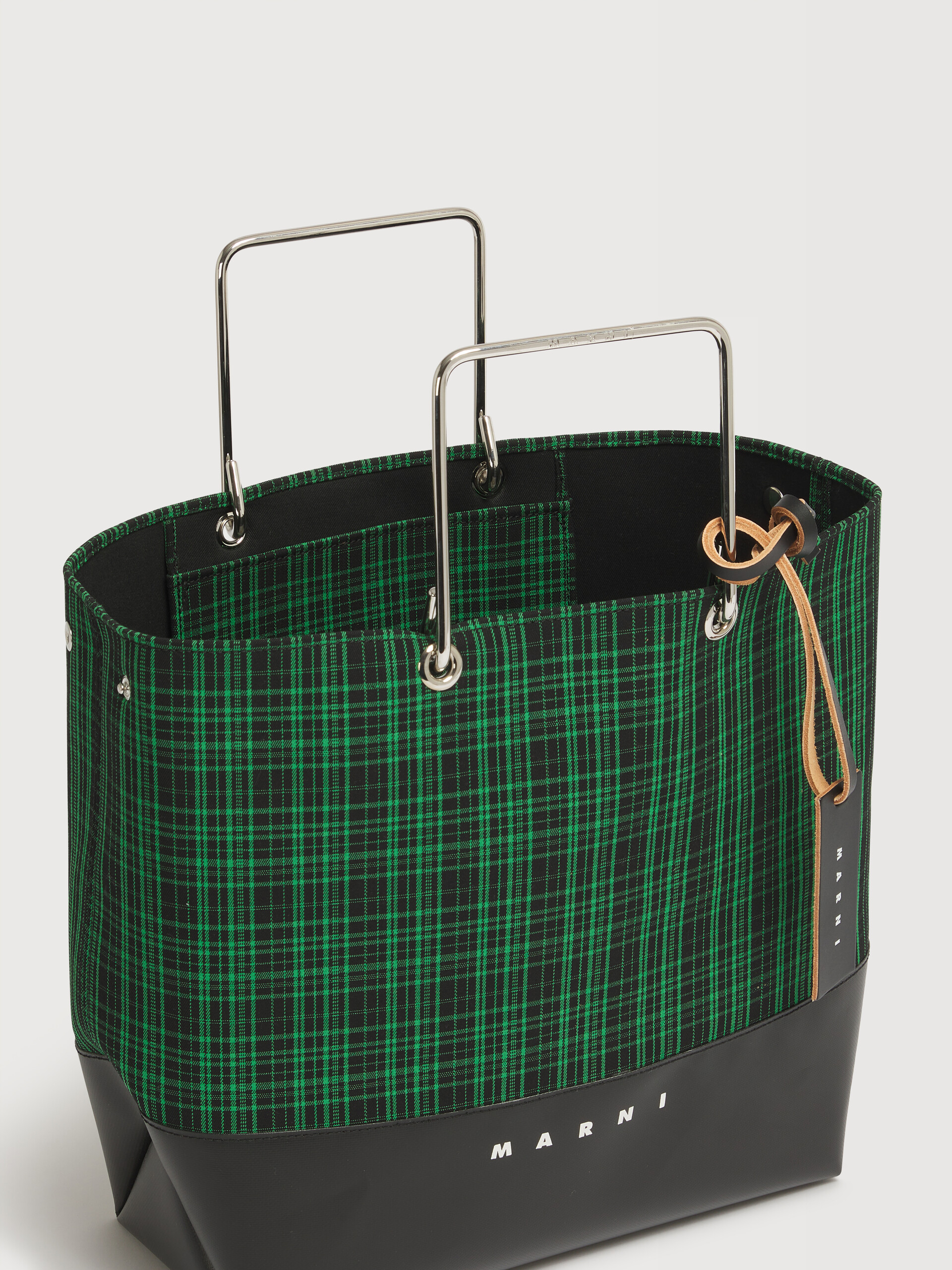 Green checked twill shopper with metal handles - Shopping Bags - Image 4