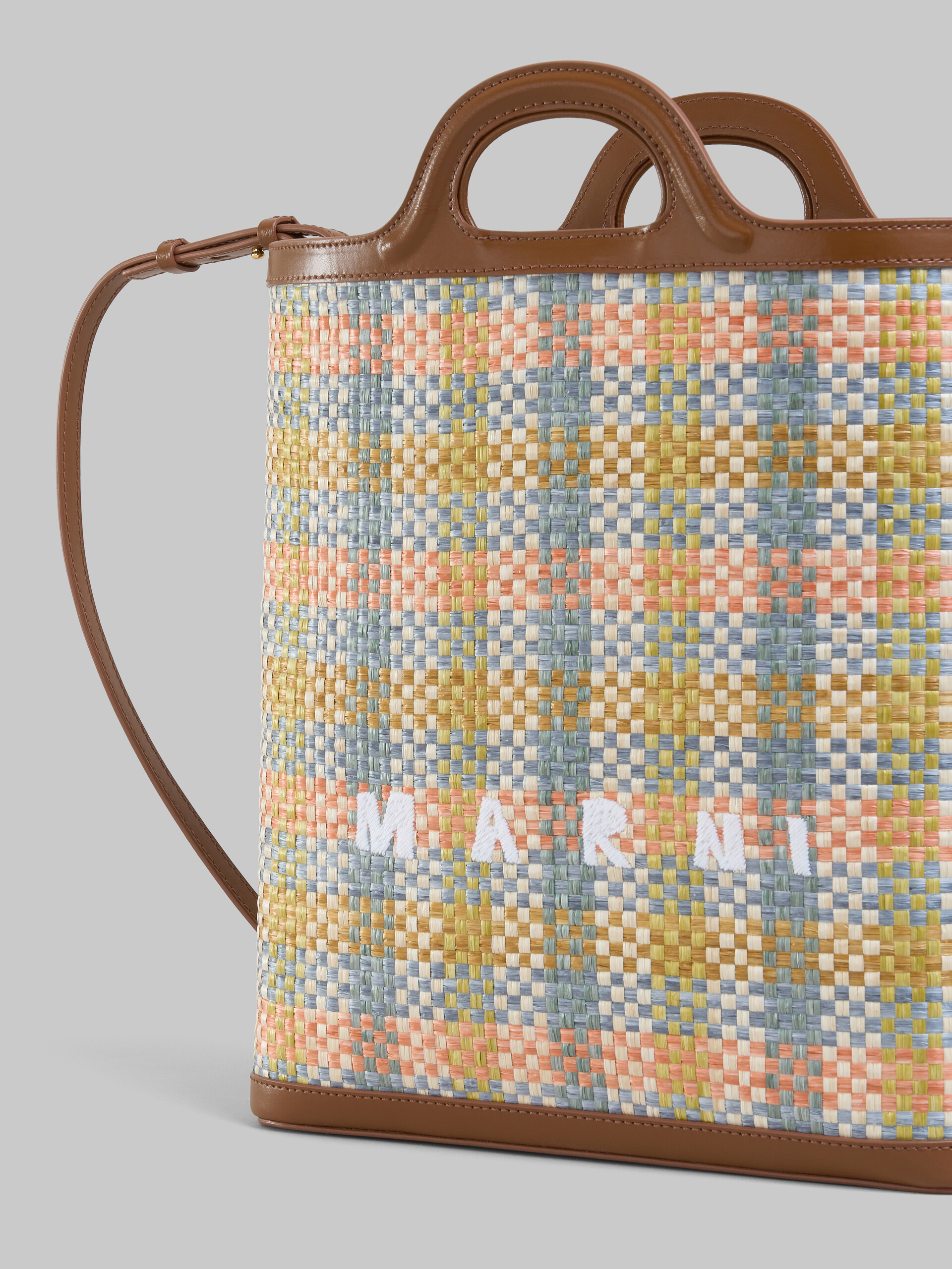 Tropicalia crossbody bag in brown leather and checked raffia-effect fabric - Shoulder Bags - Image 5