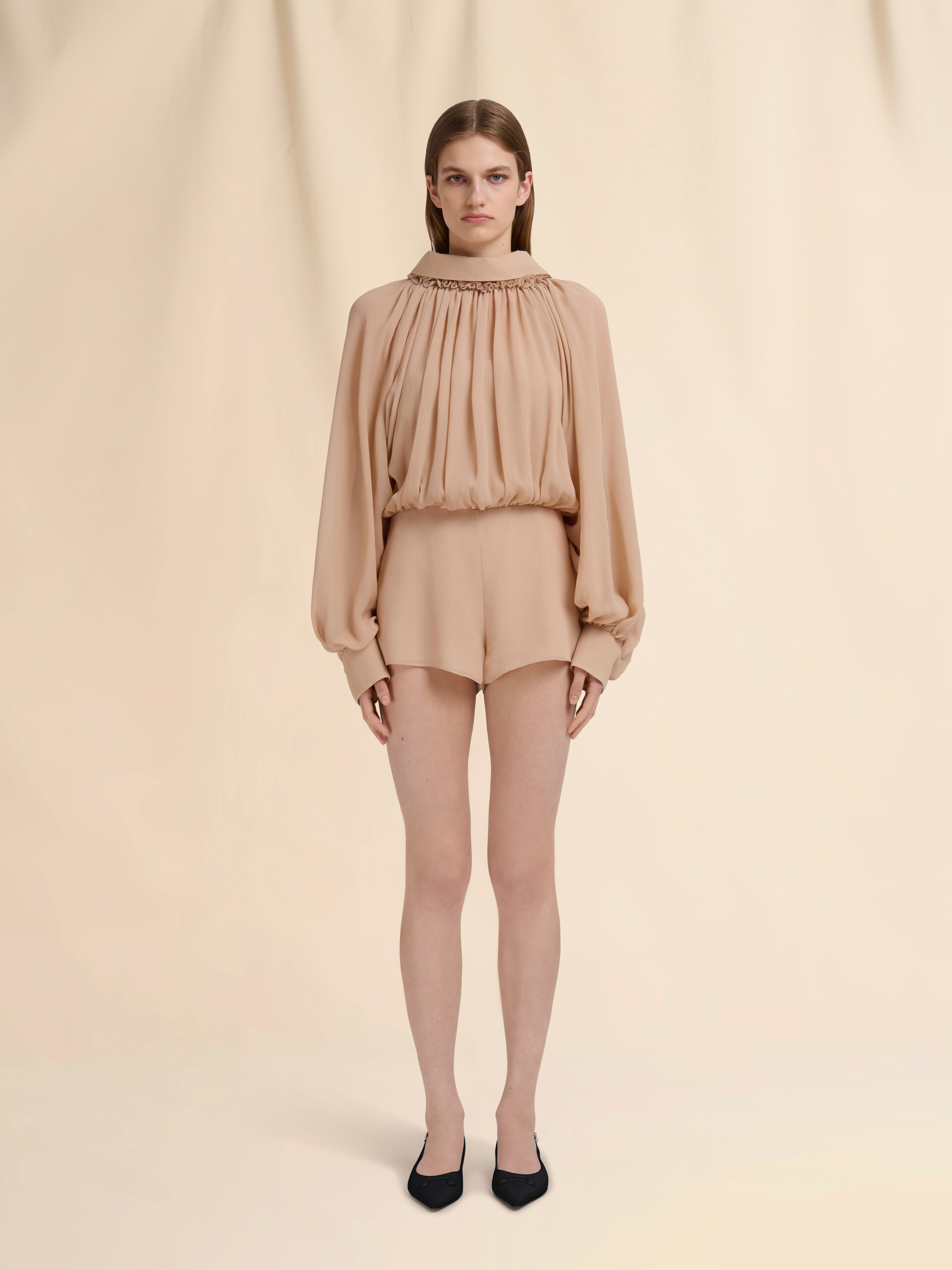 Beige creponne playsuit with gathering - Overalls - Image 2