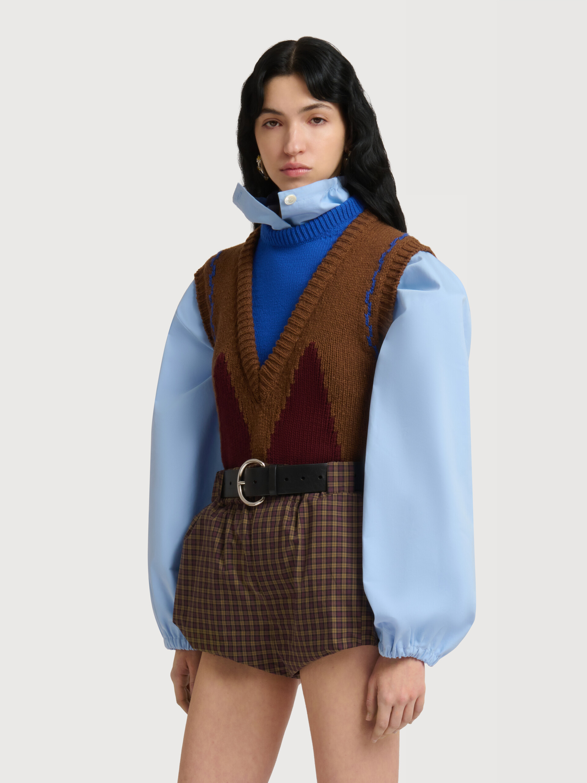 Brown wool layered vest with M intarsia - Pullovers - Image 3