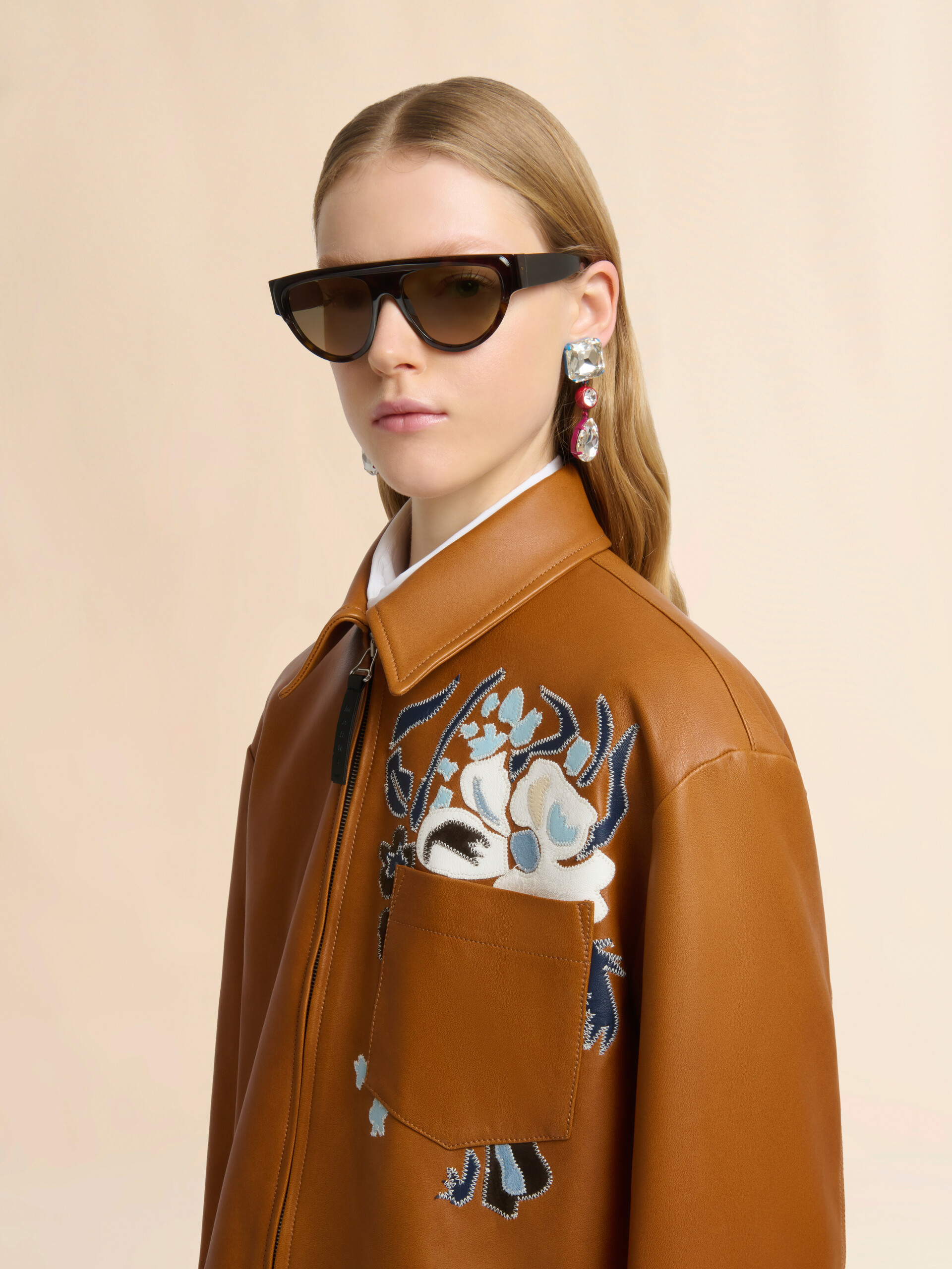 Brown leather overshirt with flower intarsia - Shirts - Image 4
