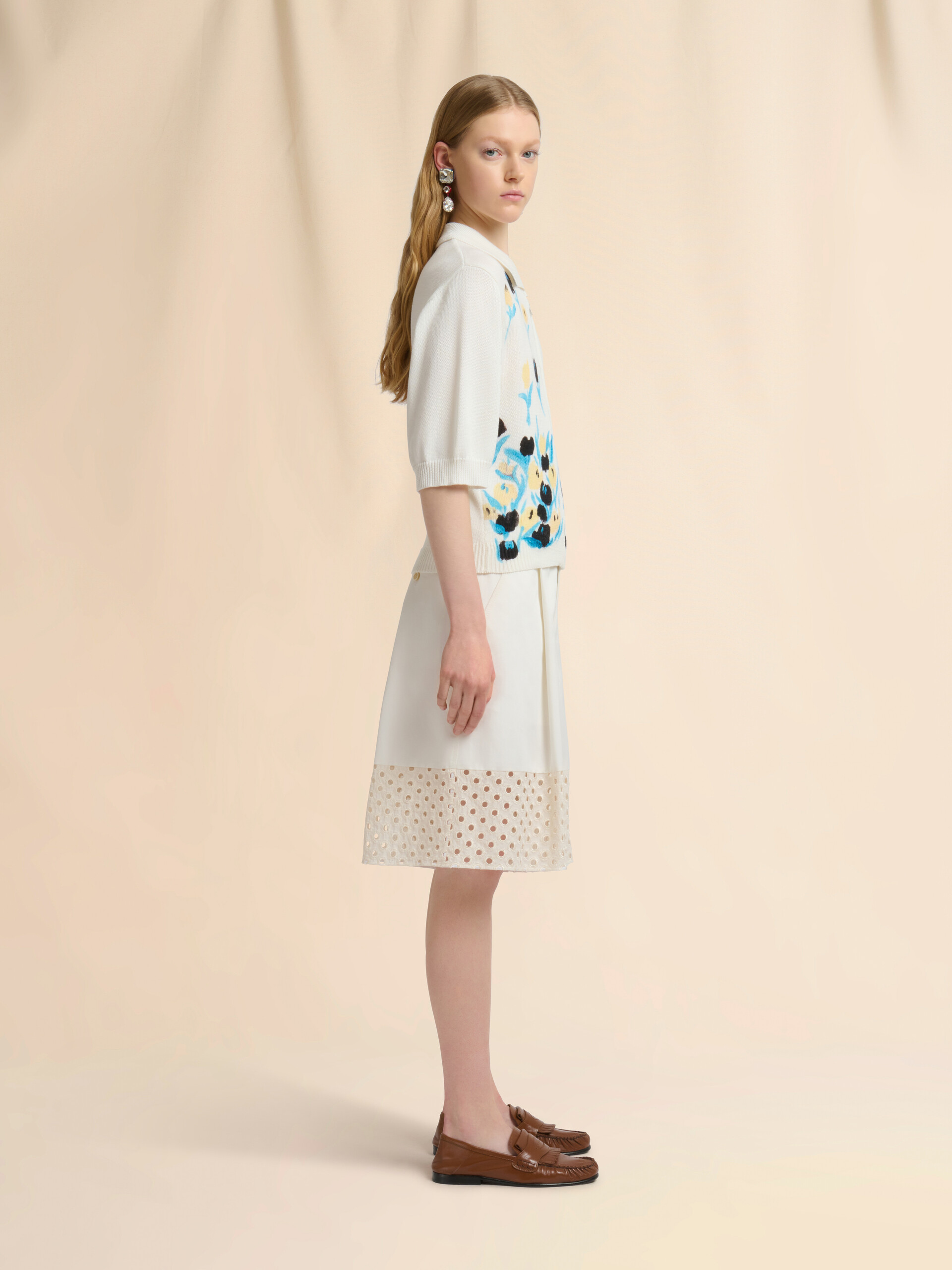 Cream cotton zip cardigan with floral print - Pullovers - Image 5