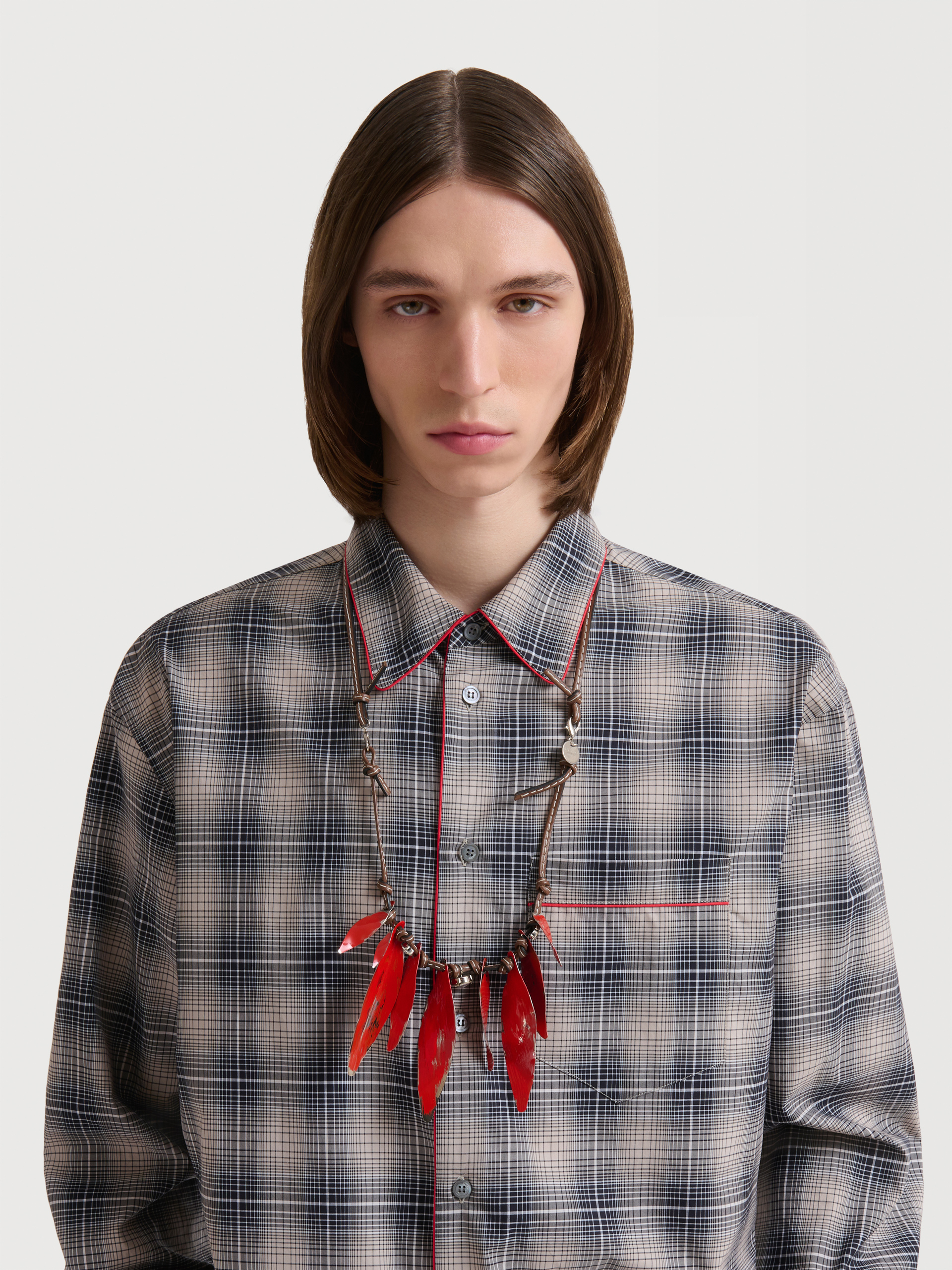 Beige e light brown checked poplin shirt with contrast piping - Shirts - Image 5