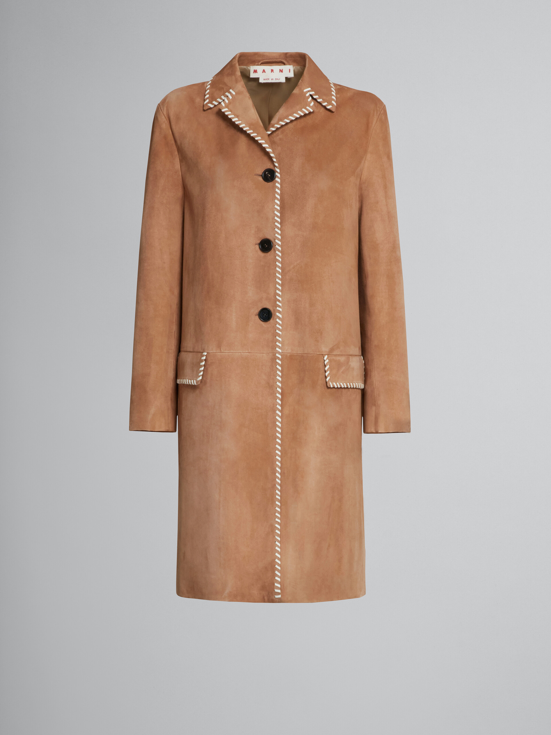 Manteau en daim marron avec surpiqûres en nappa - Vestes - Image 1