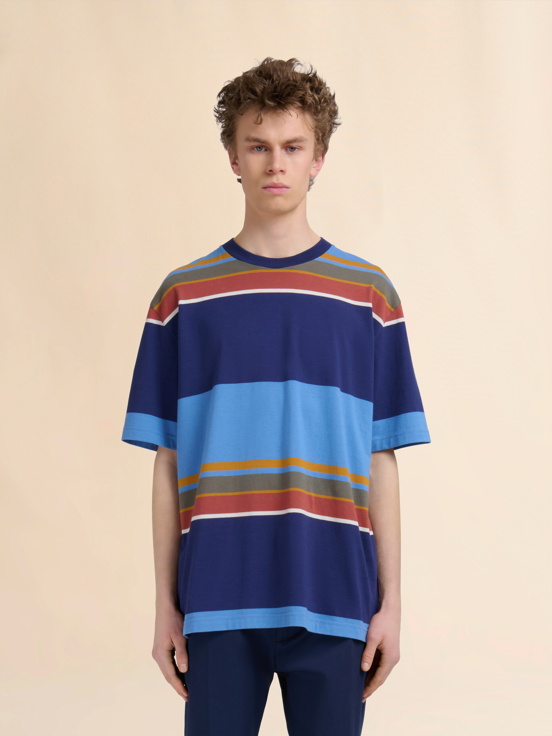 Blue organic cotton T-shirt with colour-block stripes - Shirts - Image 2