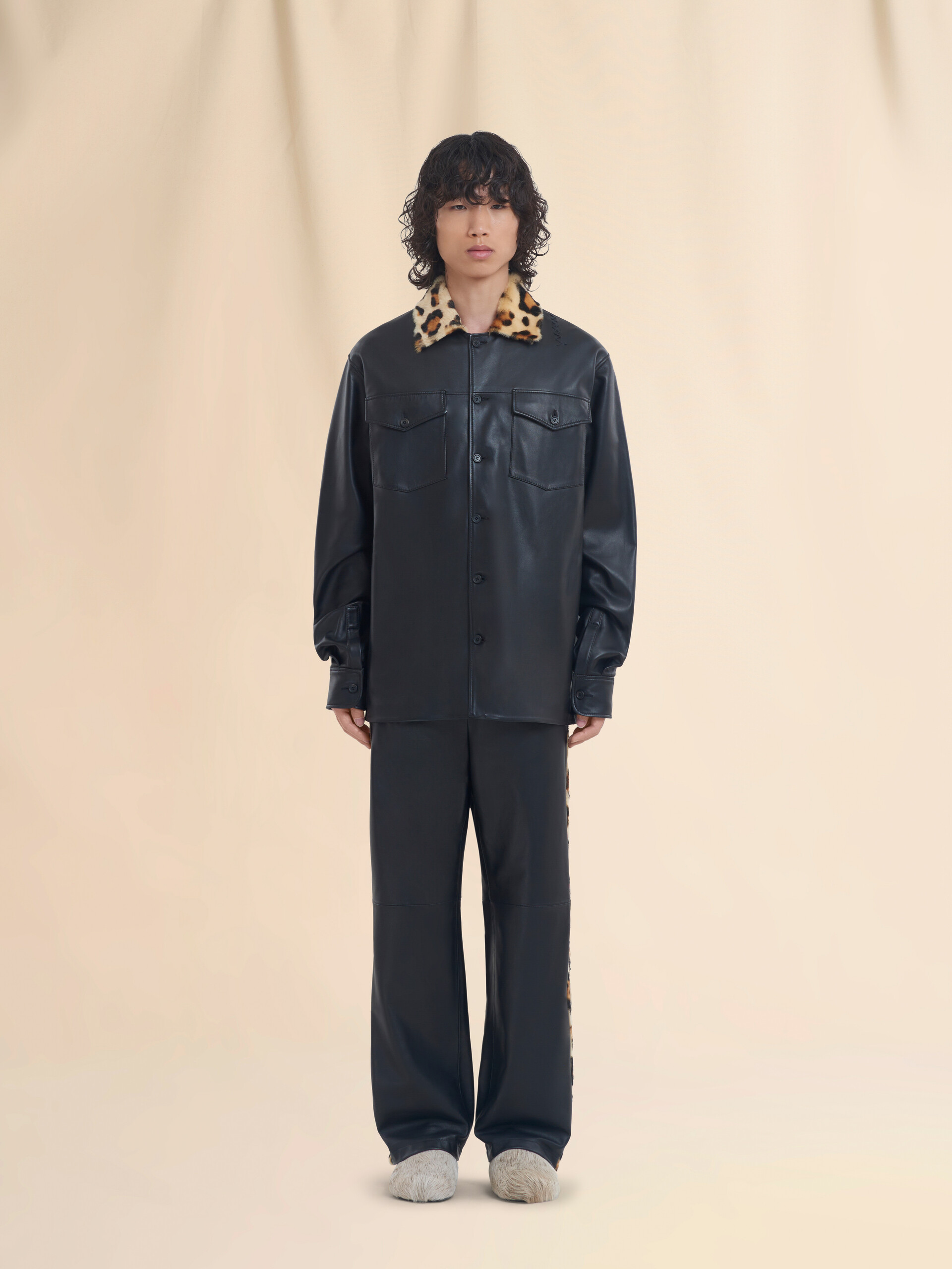 Nappa leather shirt with animalier shearling collar - Shirts - Image 2