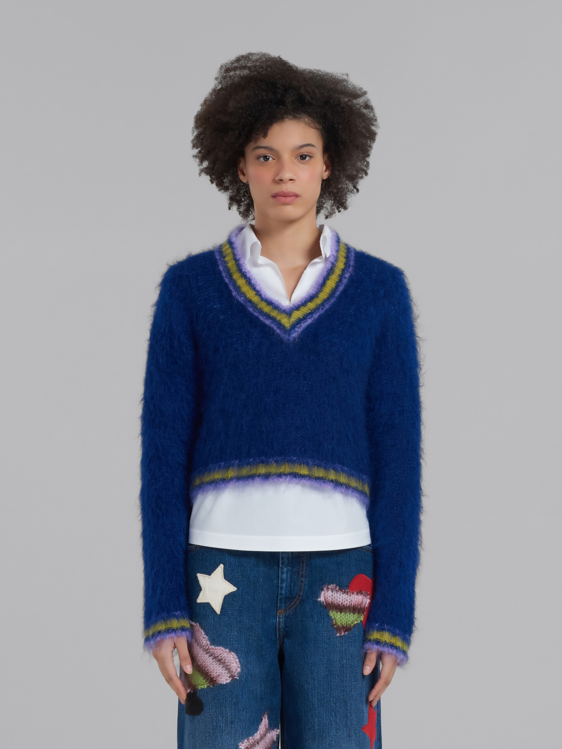 Blue mohair jumper with striped trims - Pullovers - Image 2