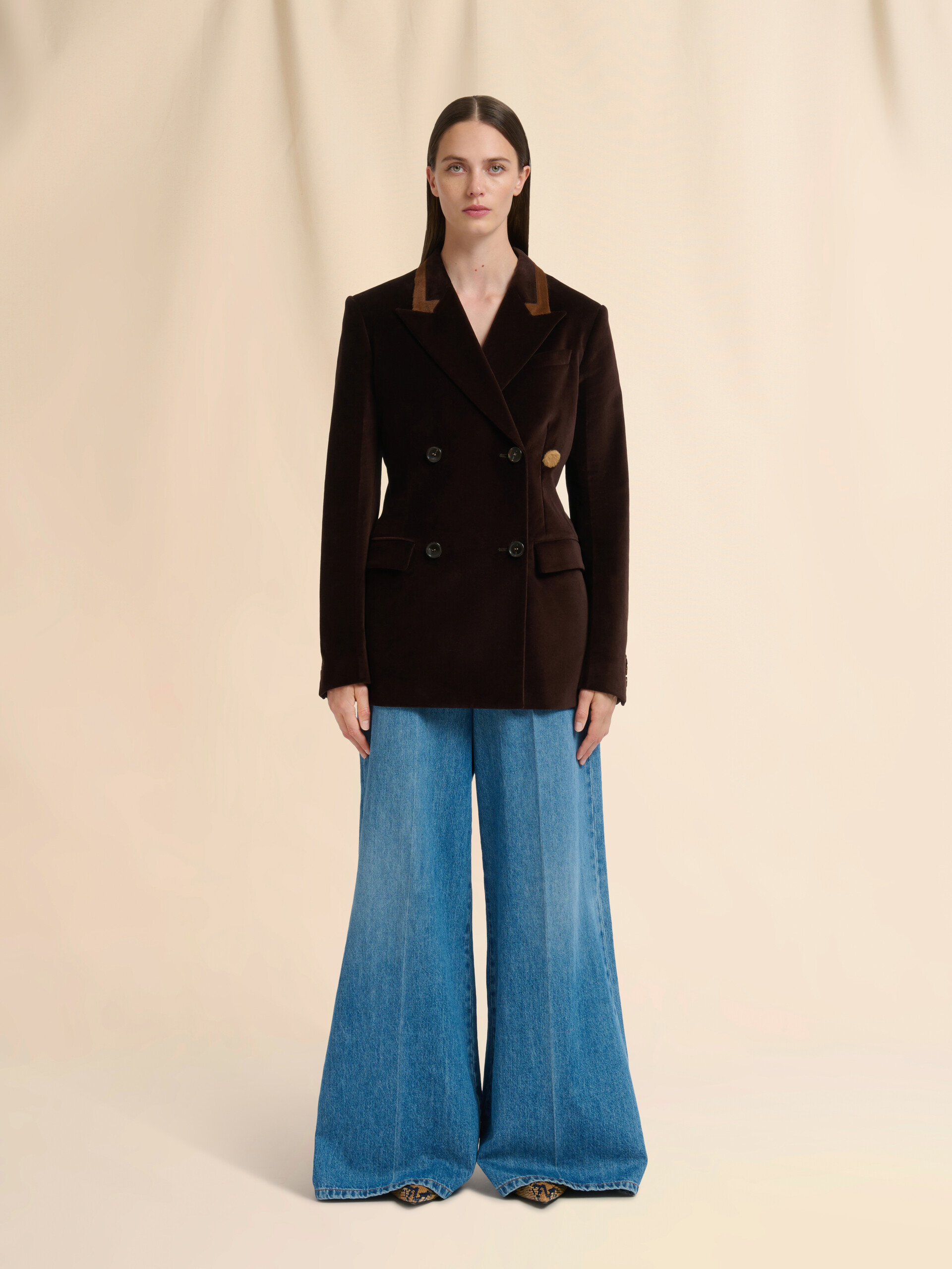 Brown velvet blazer with pony hair accents - Jackets - Image 2