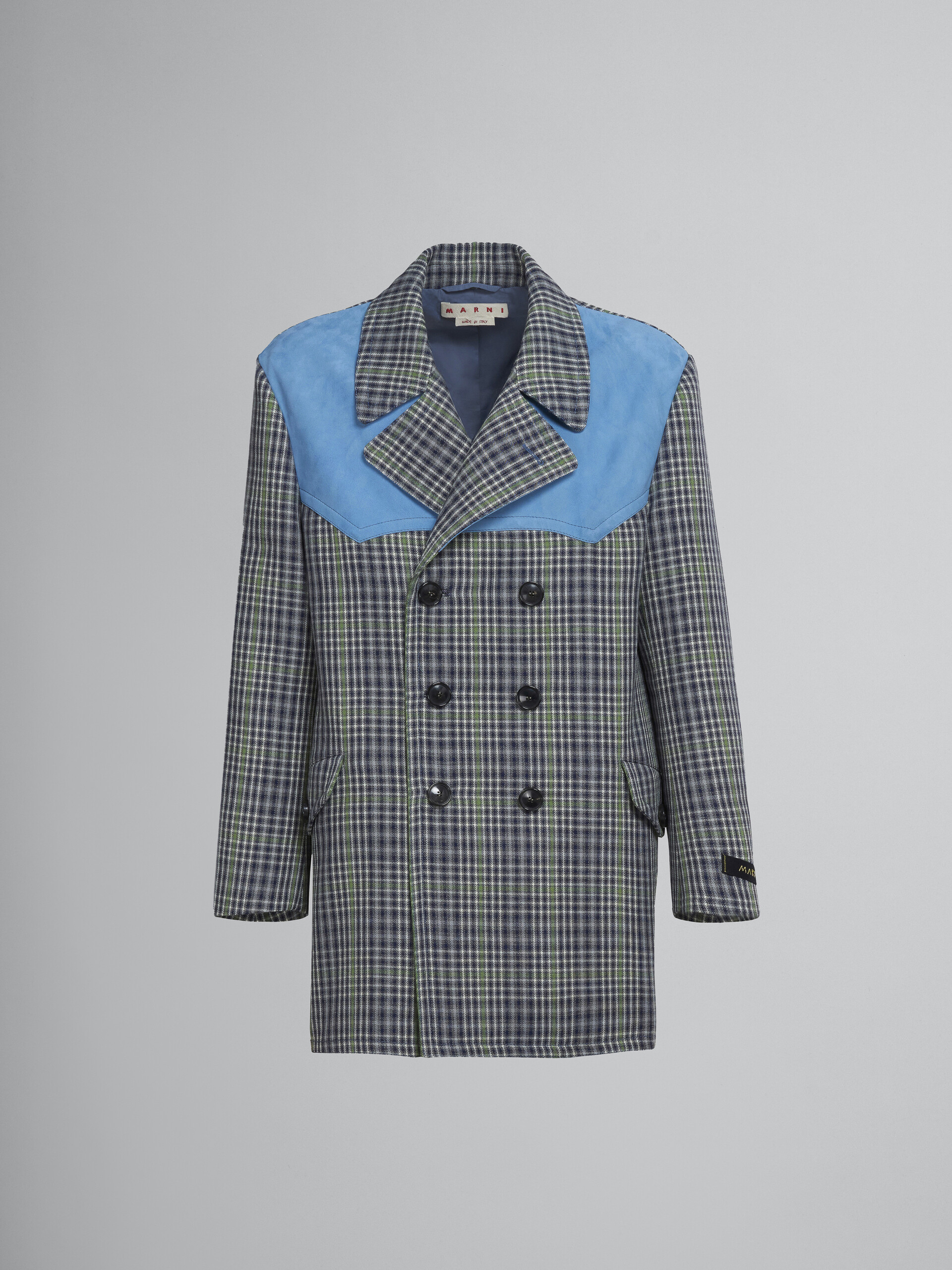 Double-breasted coat in grey chequered wool - Coats - Image 1