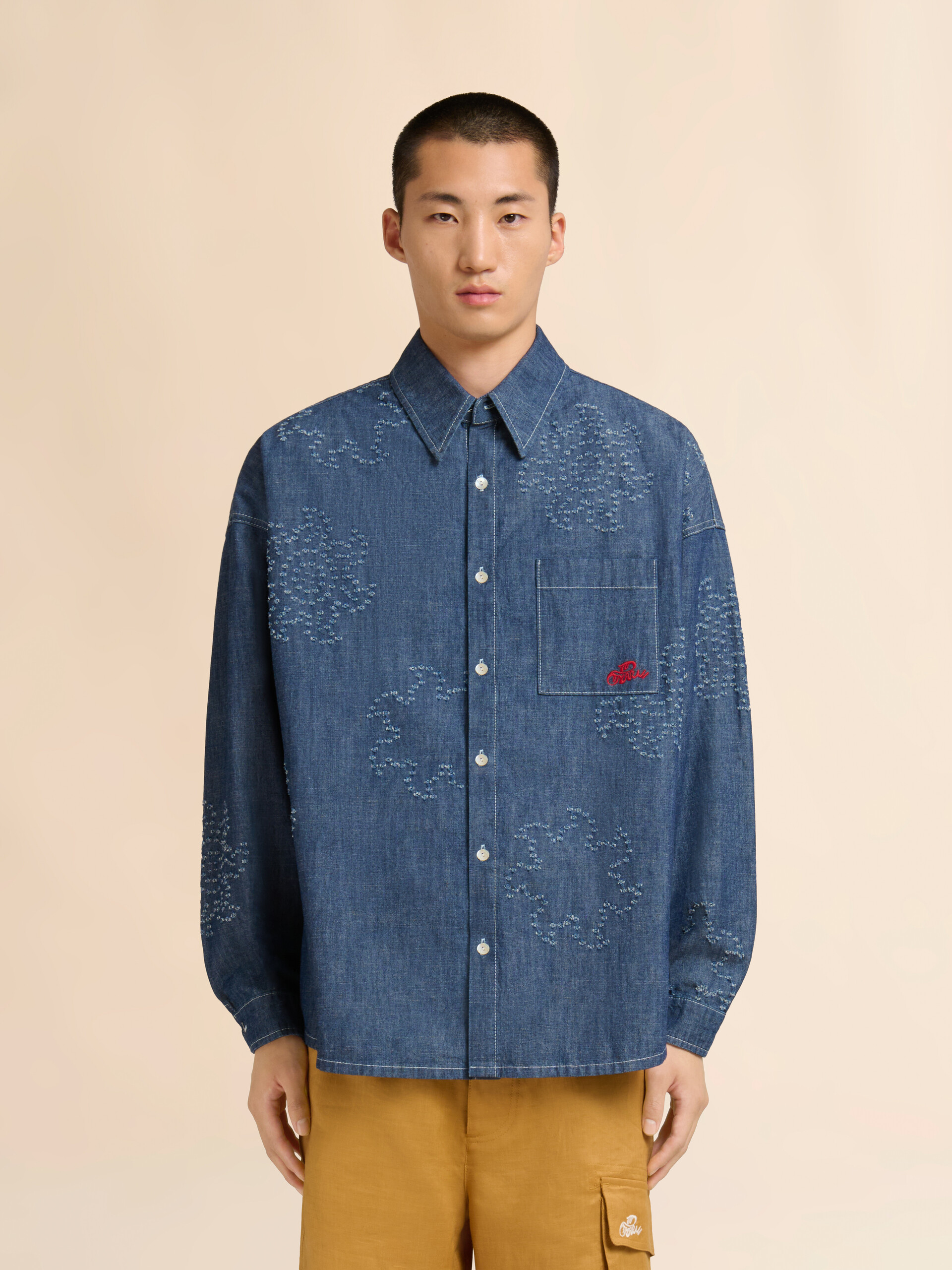 Blue chambray oversized shirt with frayed sun motif - Shirts - Image 2