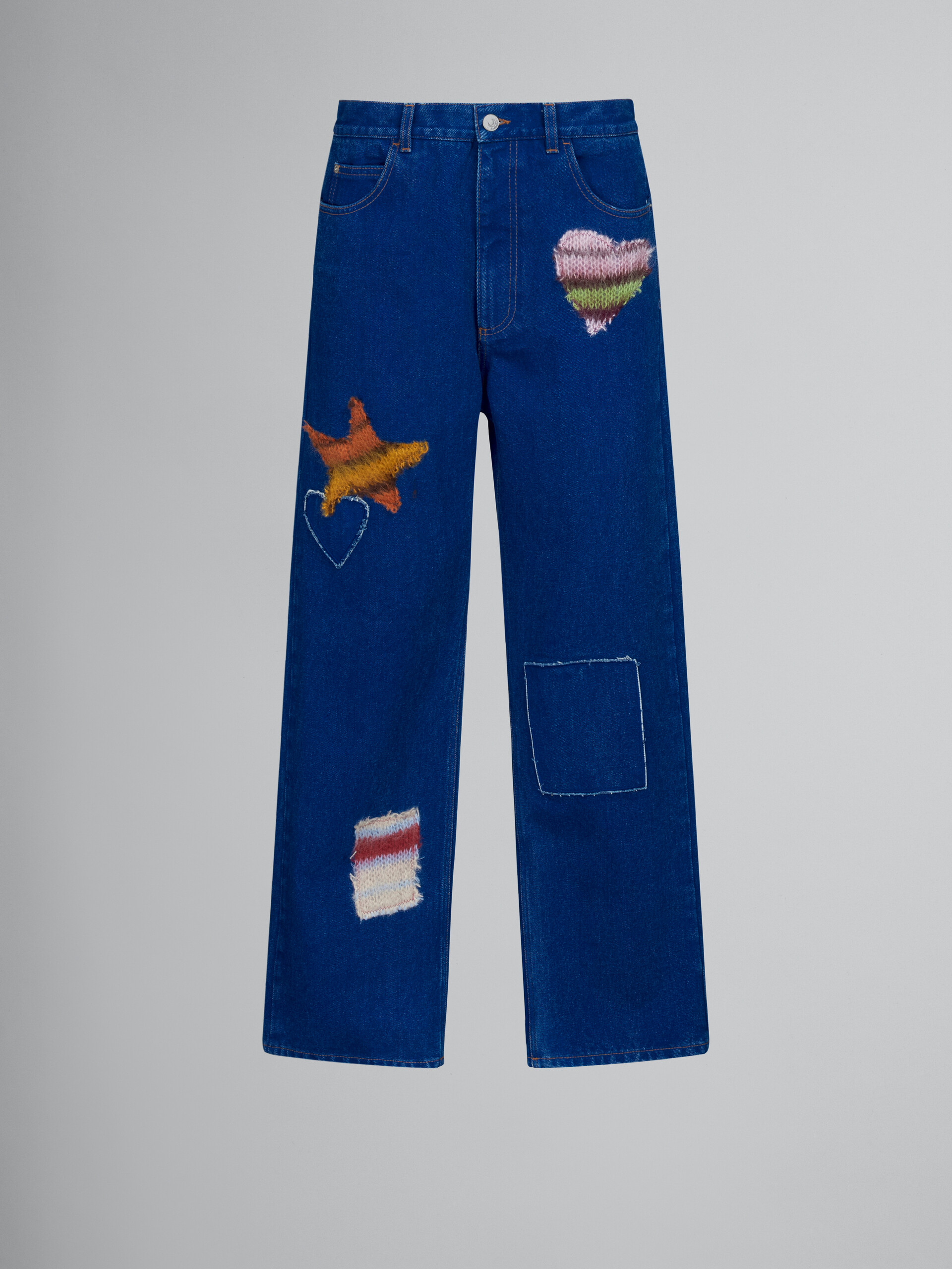 Blue coated denim jeans with mohair patches - Pants - Image 1