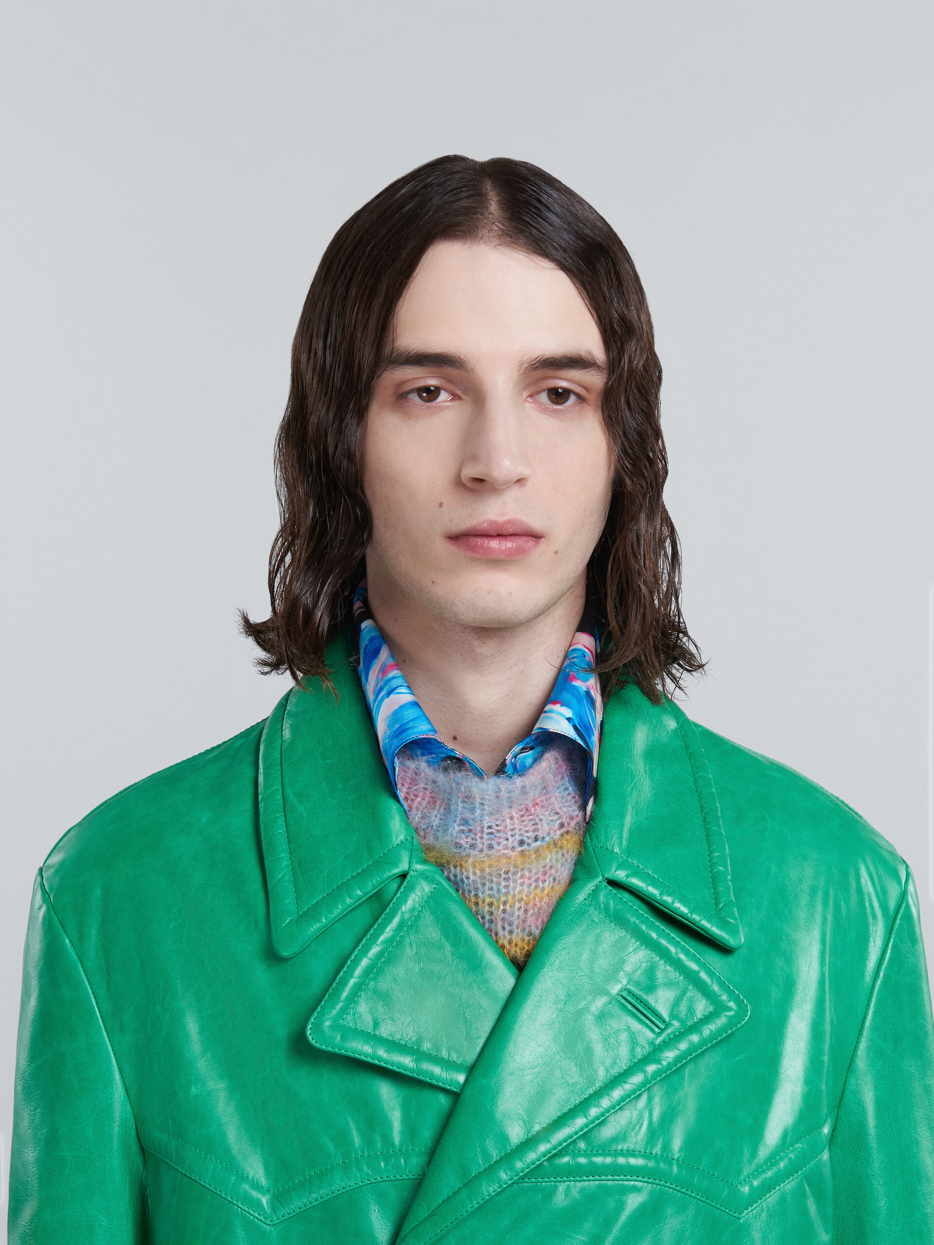 Double-breasted jacket in shiny green leather - Coats - Image 4