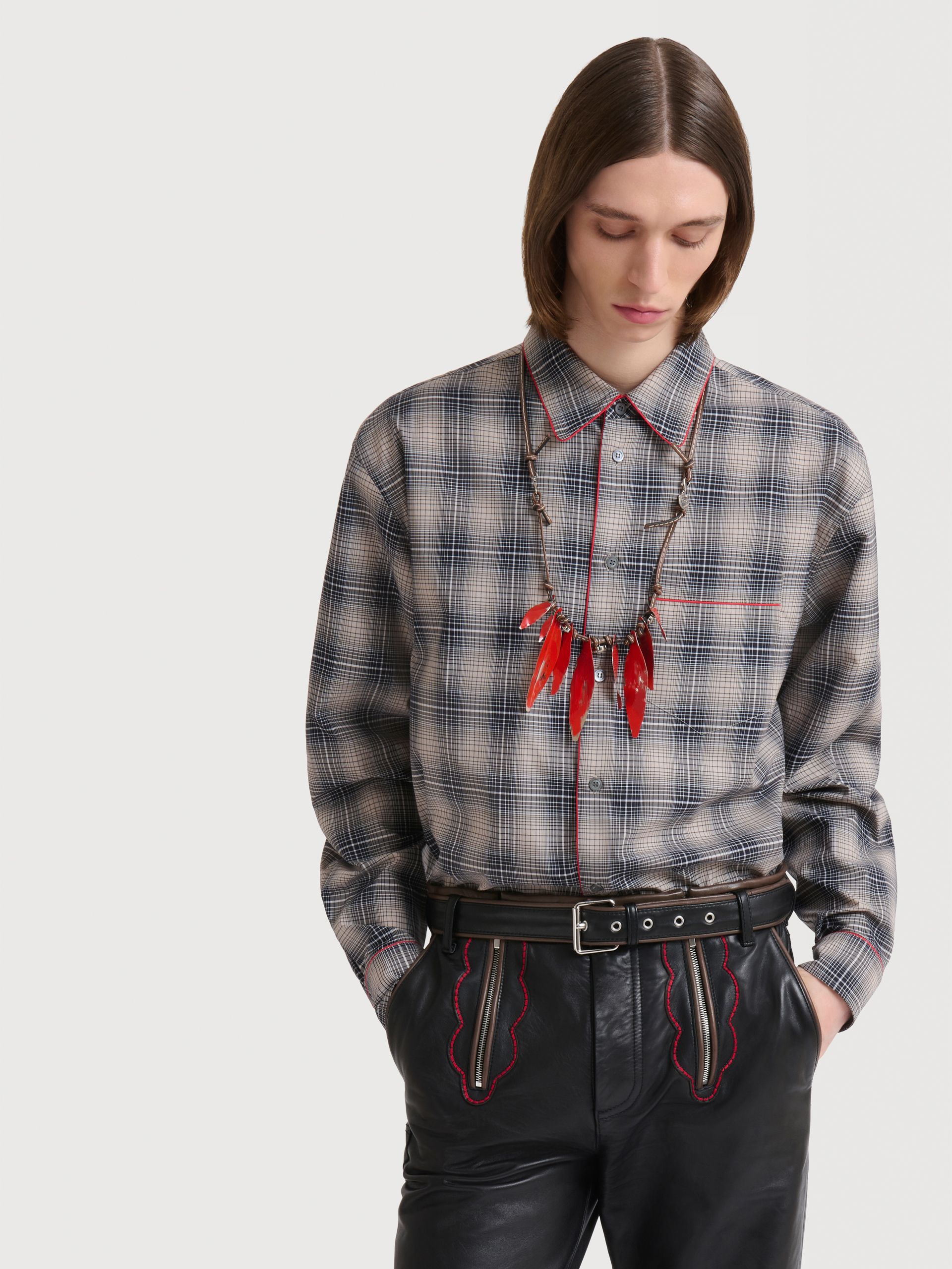 Beige e light brown checked poplin shirt with contrast piping - Shirts - Image 3