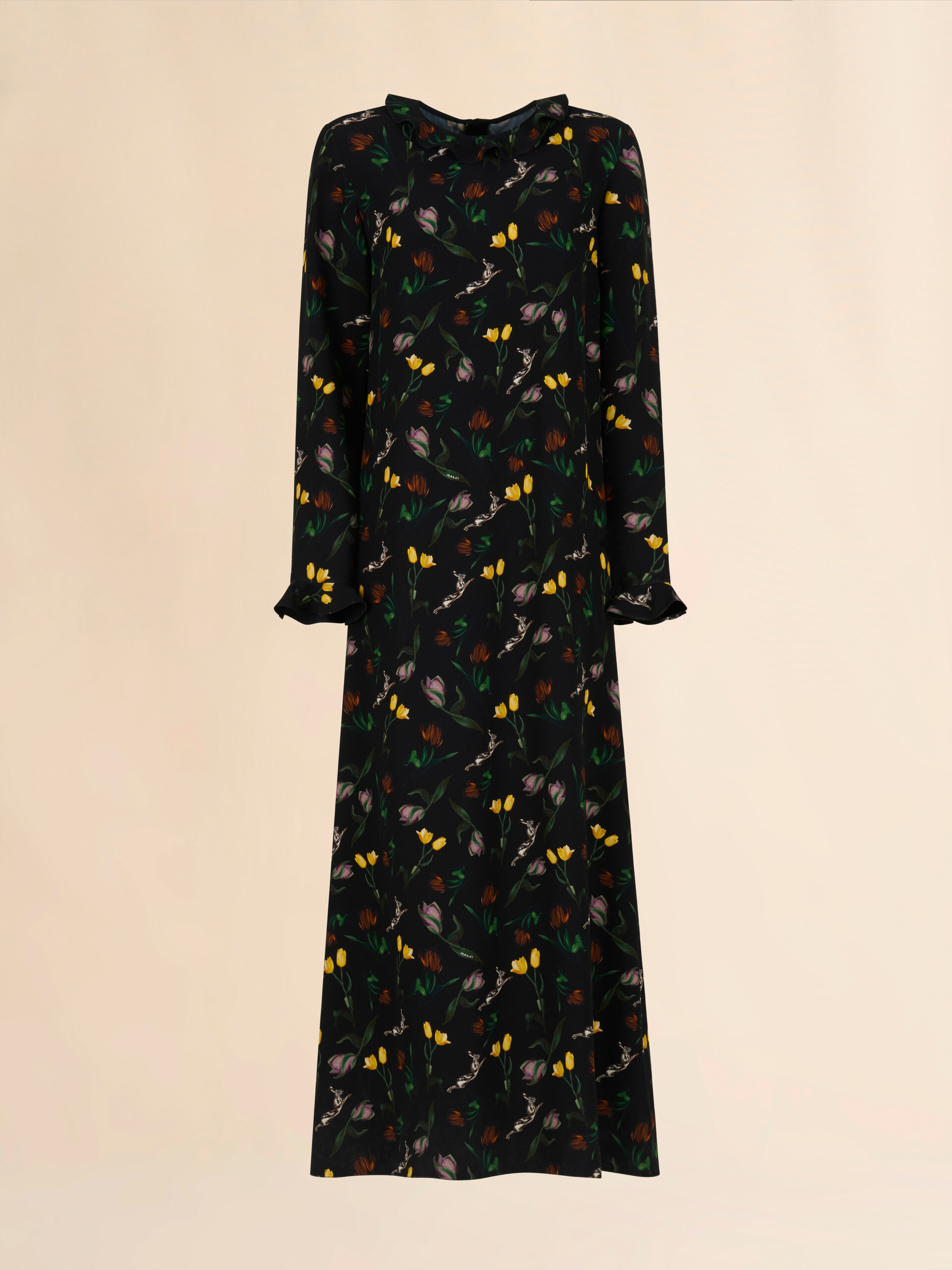 Black envers satin maxi dress with Tulips and Hares print - Dresses - Image 1