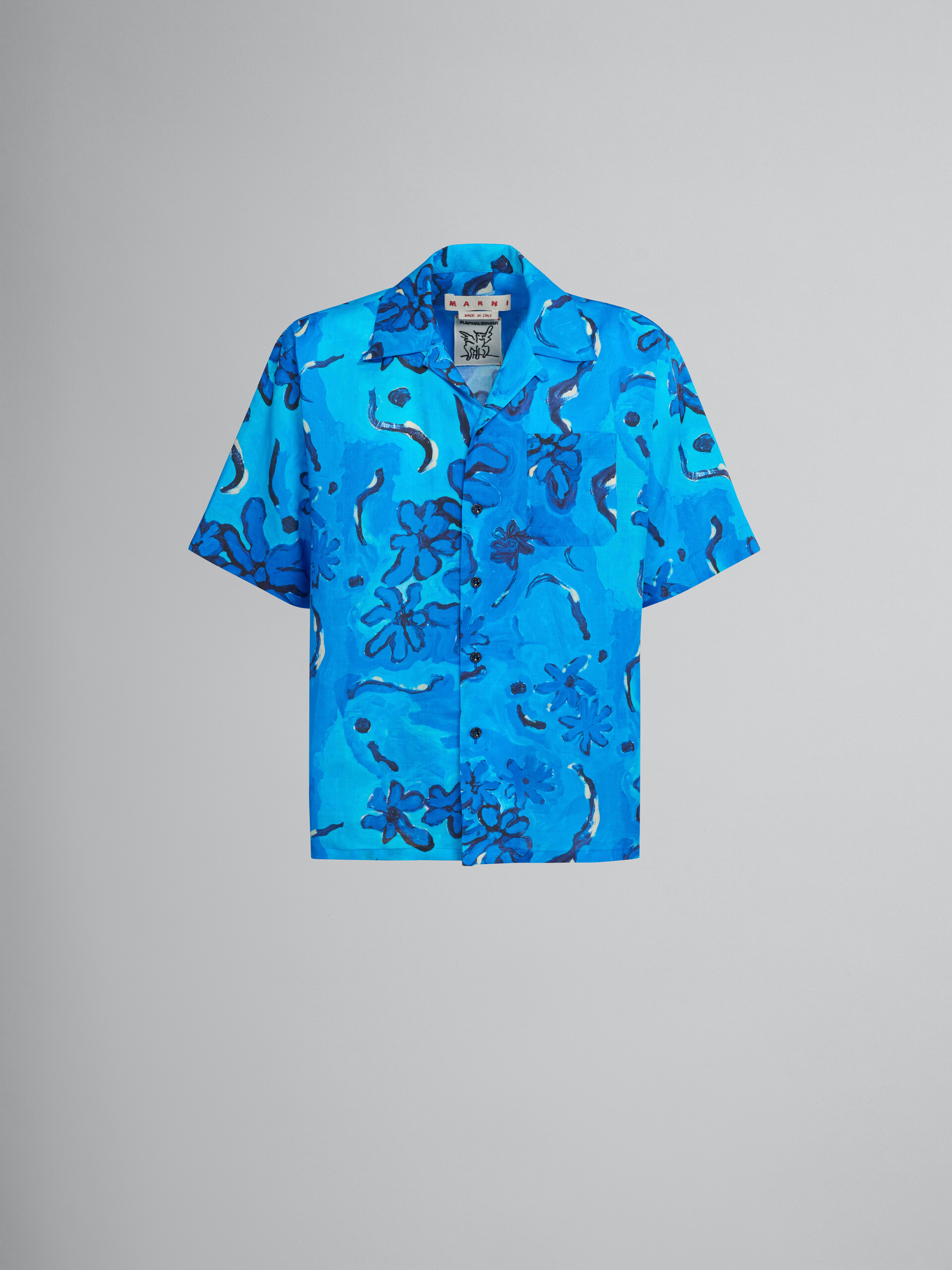 Printed blue ramié bowling shirt - Shirts - Image 1