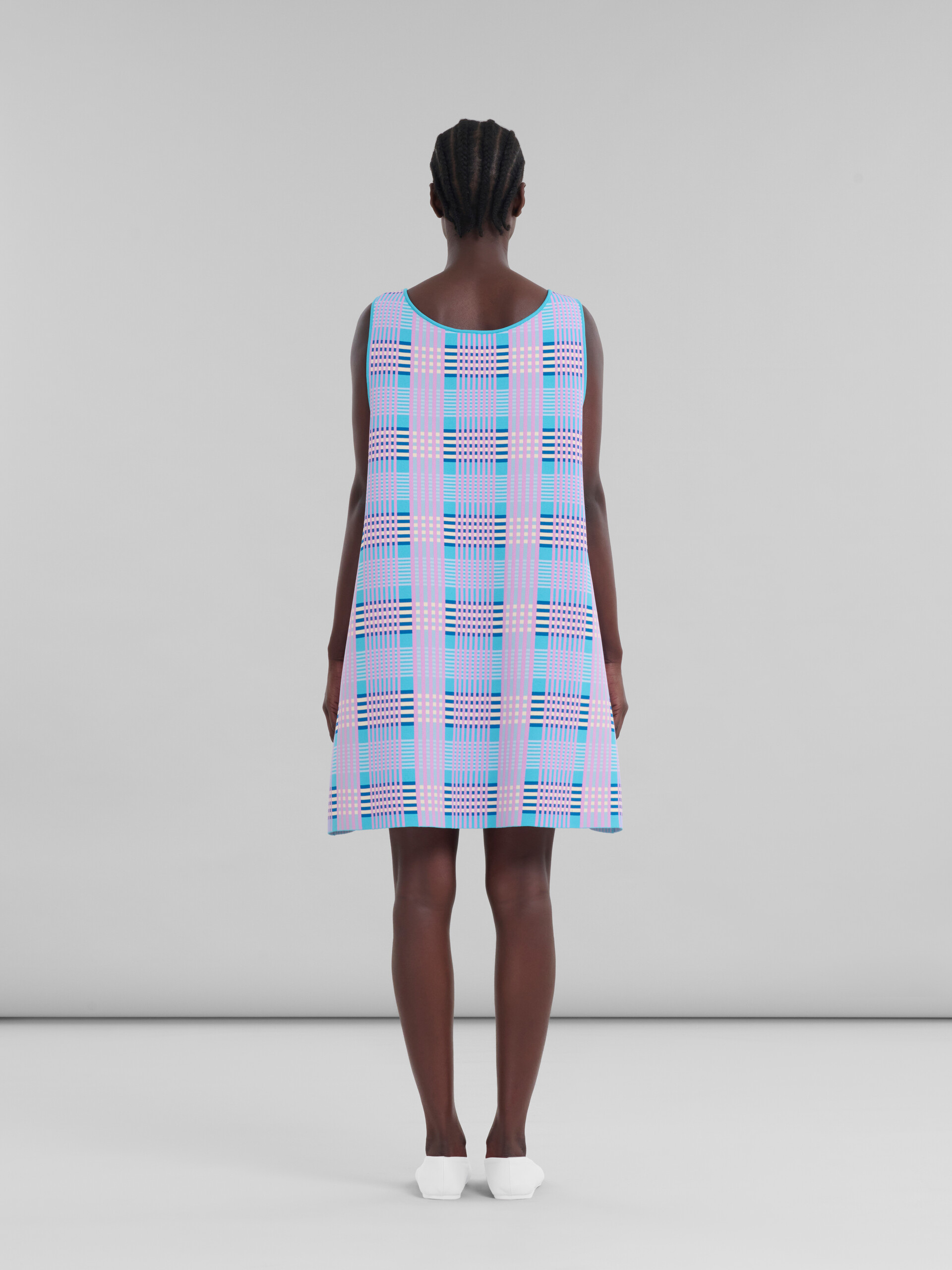 ピンク ブルー チェック テクノニット Aラインドレス - ドレス - Image 3