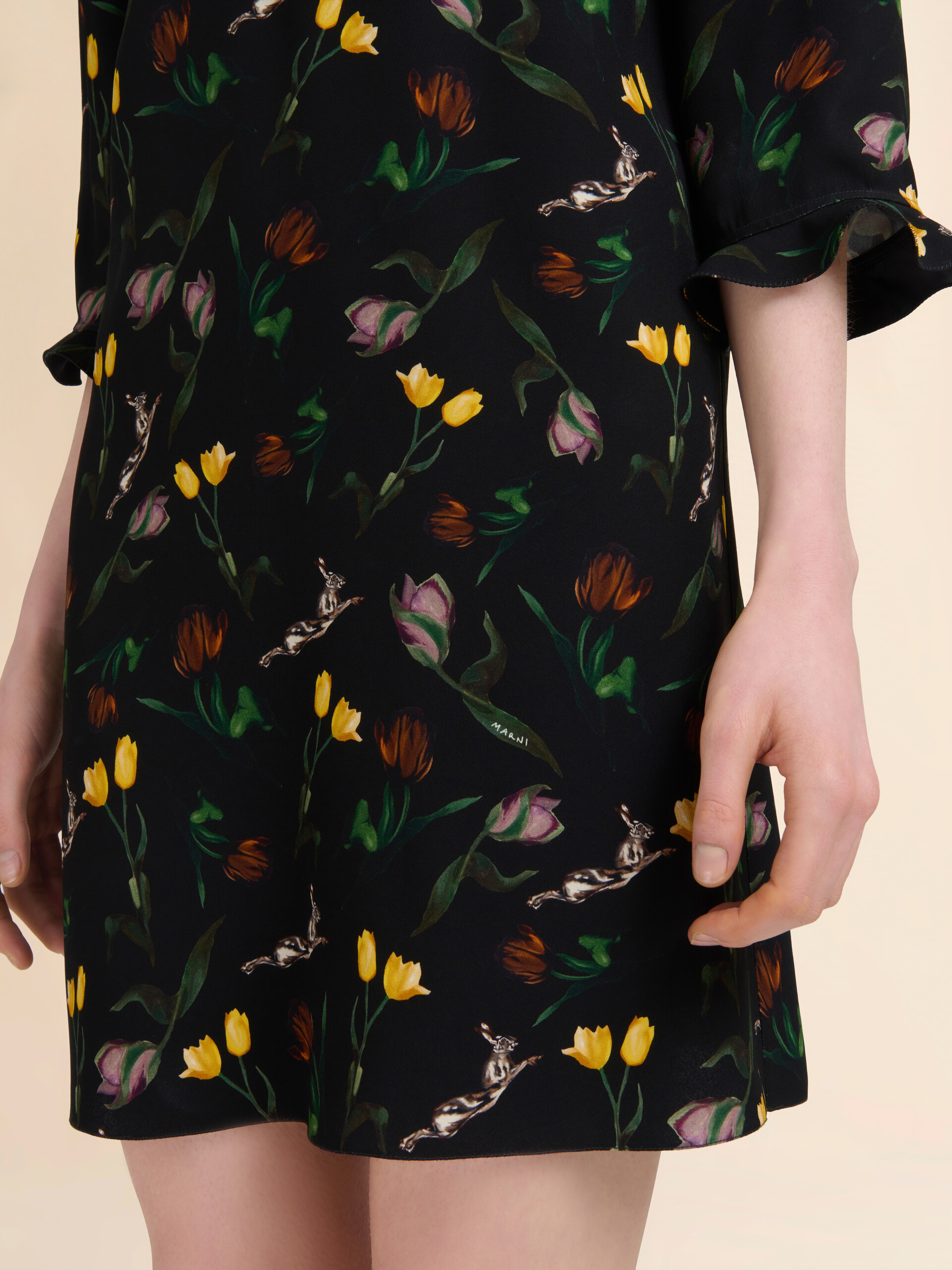 Black envers satin mini dress with Tulips and Hares print - Dresses - Image 5