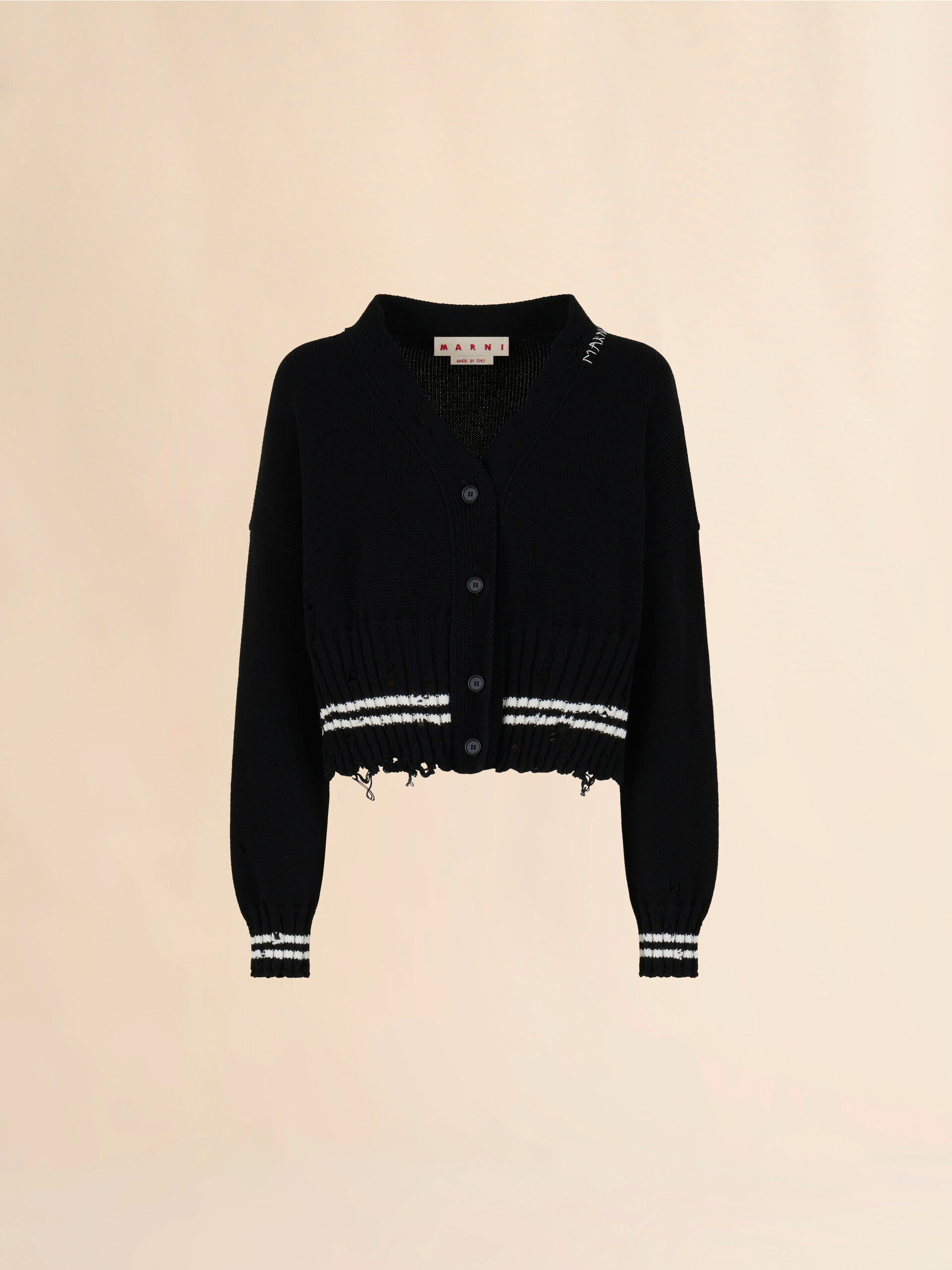 Black dishevelled cotton cardigan - Pullovers - Image 1