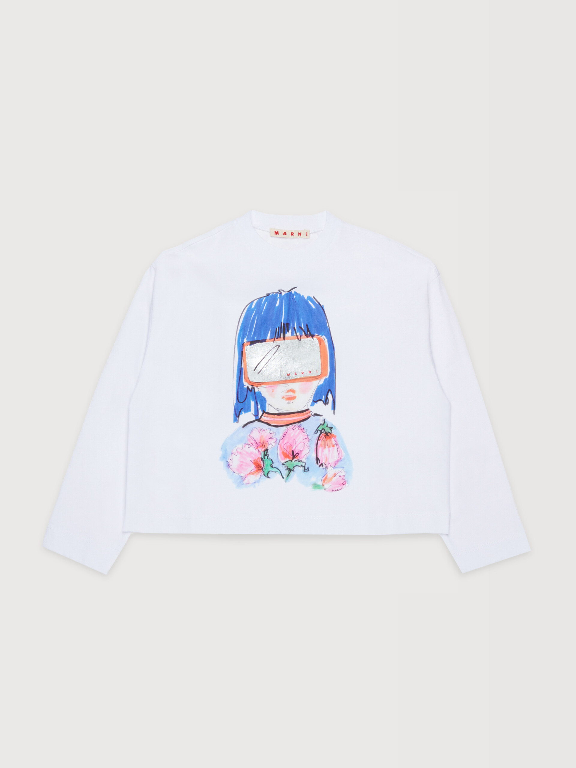 White long-sleeved cotton T-shirt with goggle girl print - T-shirts - Image 1