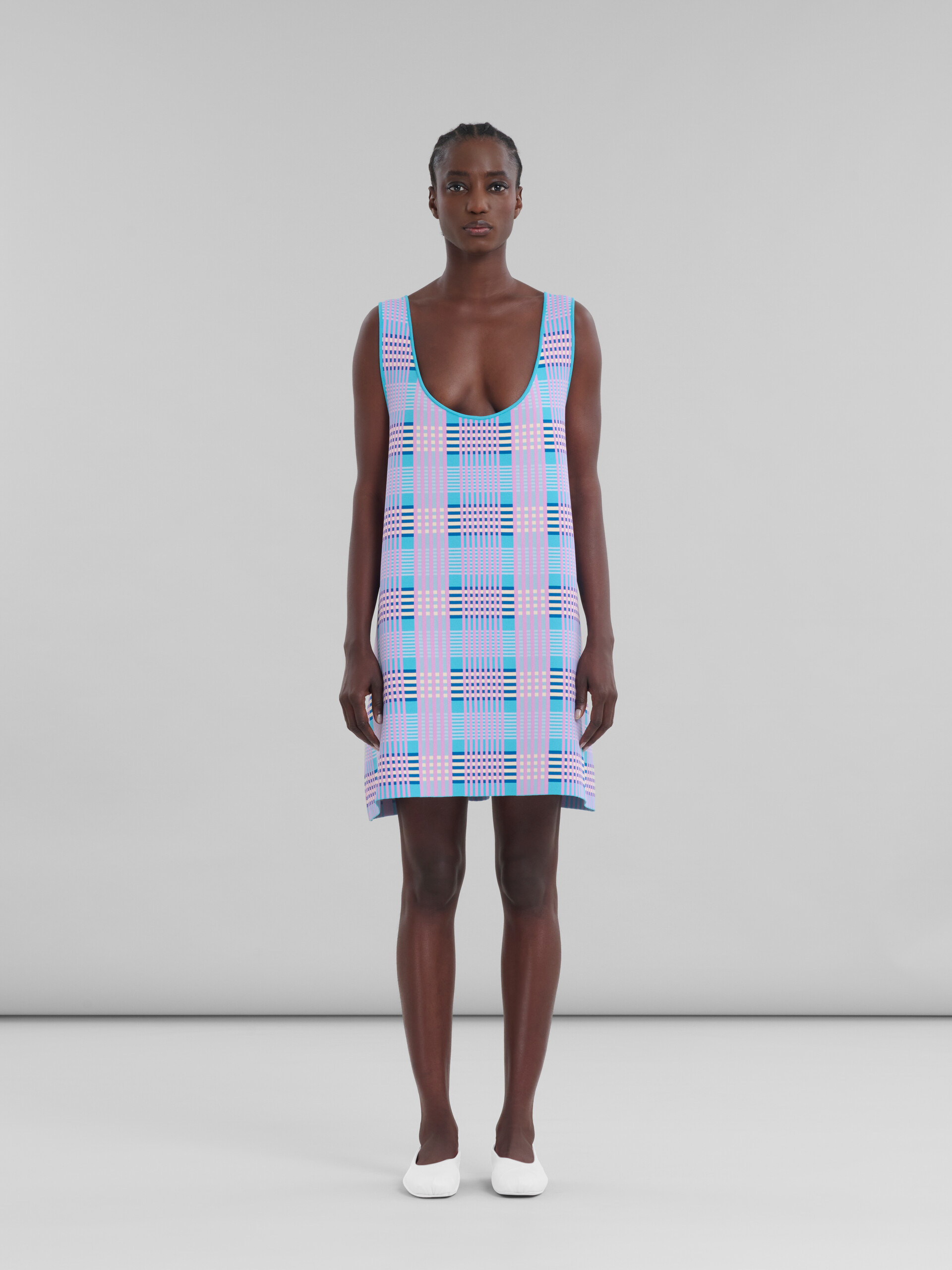 ピンク ブルー チェック テクノニット Aラインドレス - ドレス - Image 2