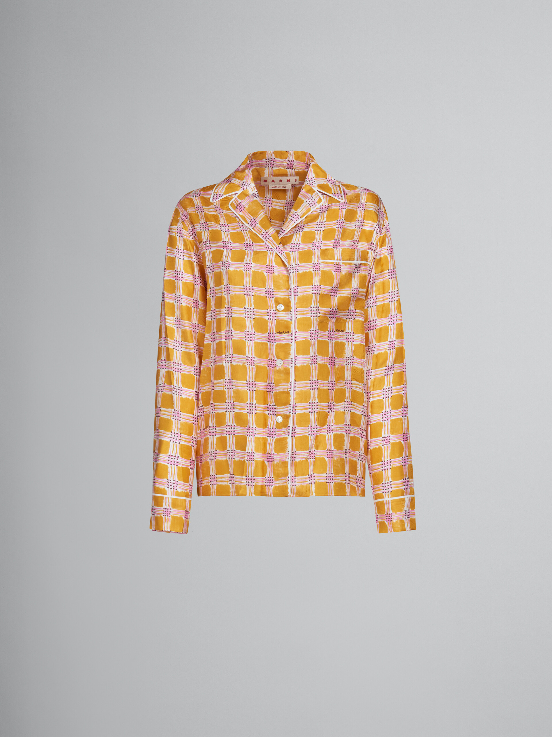 Yellow silk twill pyjama shirt with Check Fields print - Shirts - Image 1