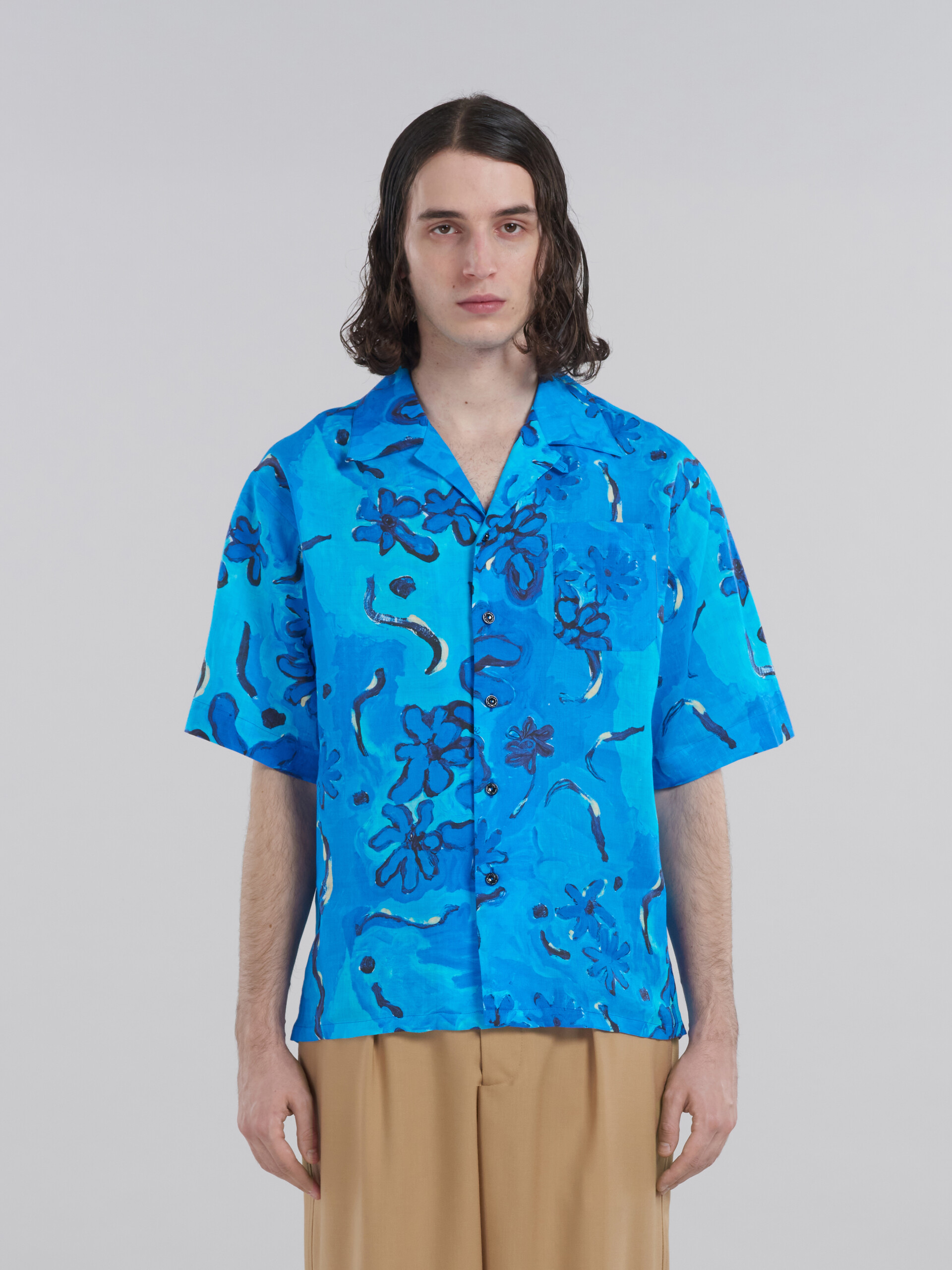 Printed blue ramié bowling shirt - Shirts - Image 2