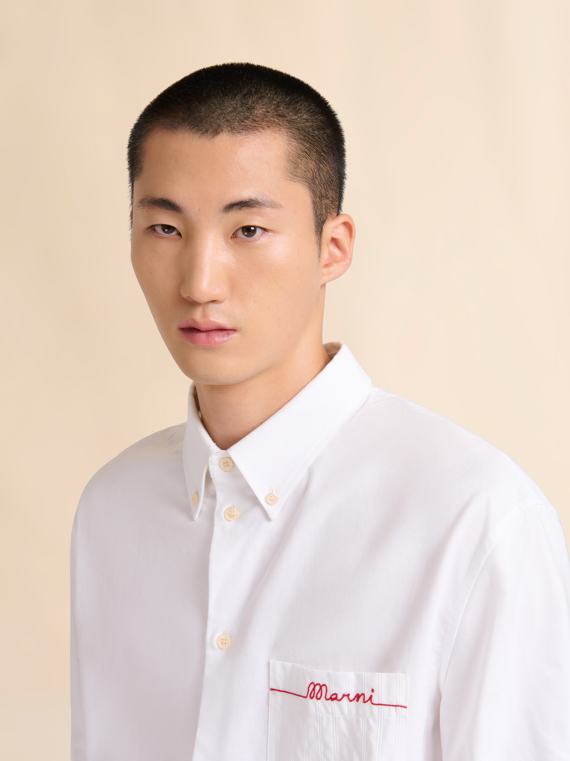 White cotton Oxford shirt with striped pocket - Shirts - Image 4