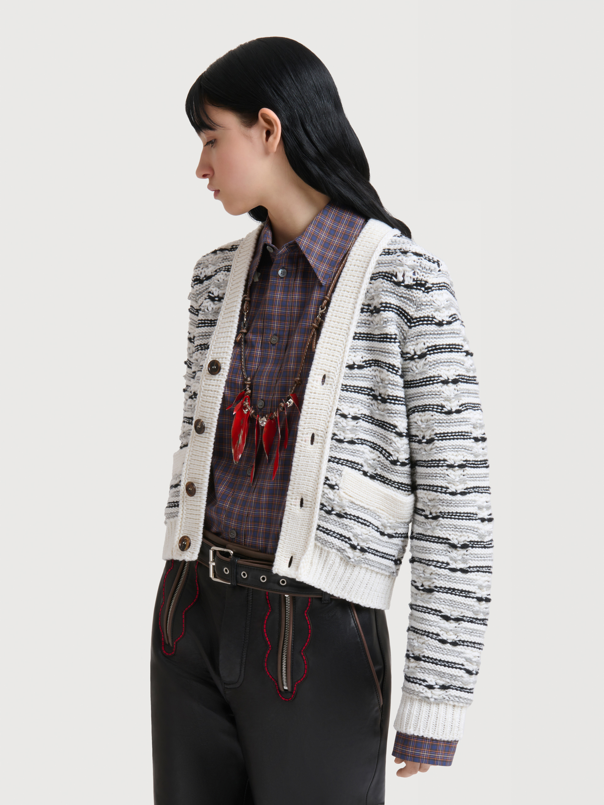 White and blue mixed stitch wool cardigan - Pullovers - Image 3