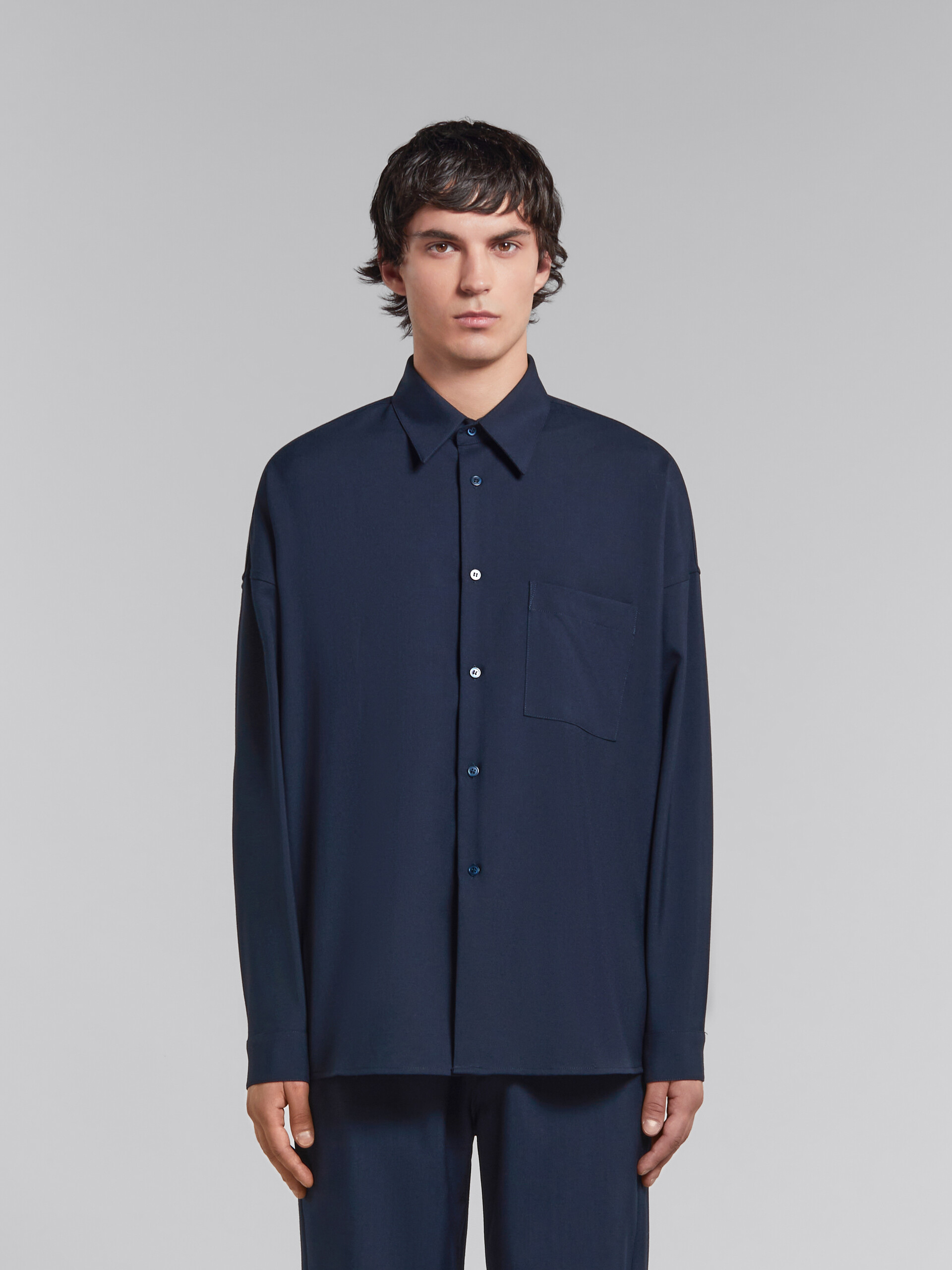 Deep blue tropical wool long-sleeved shirt - Shirts - Image 2