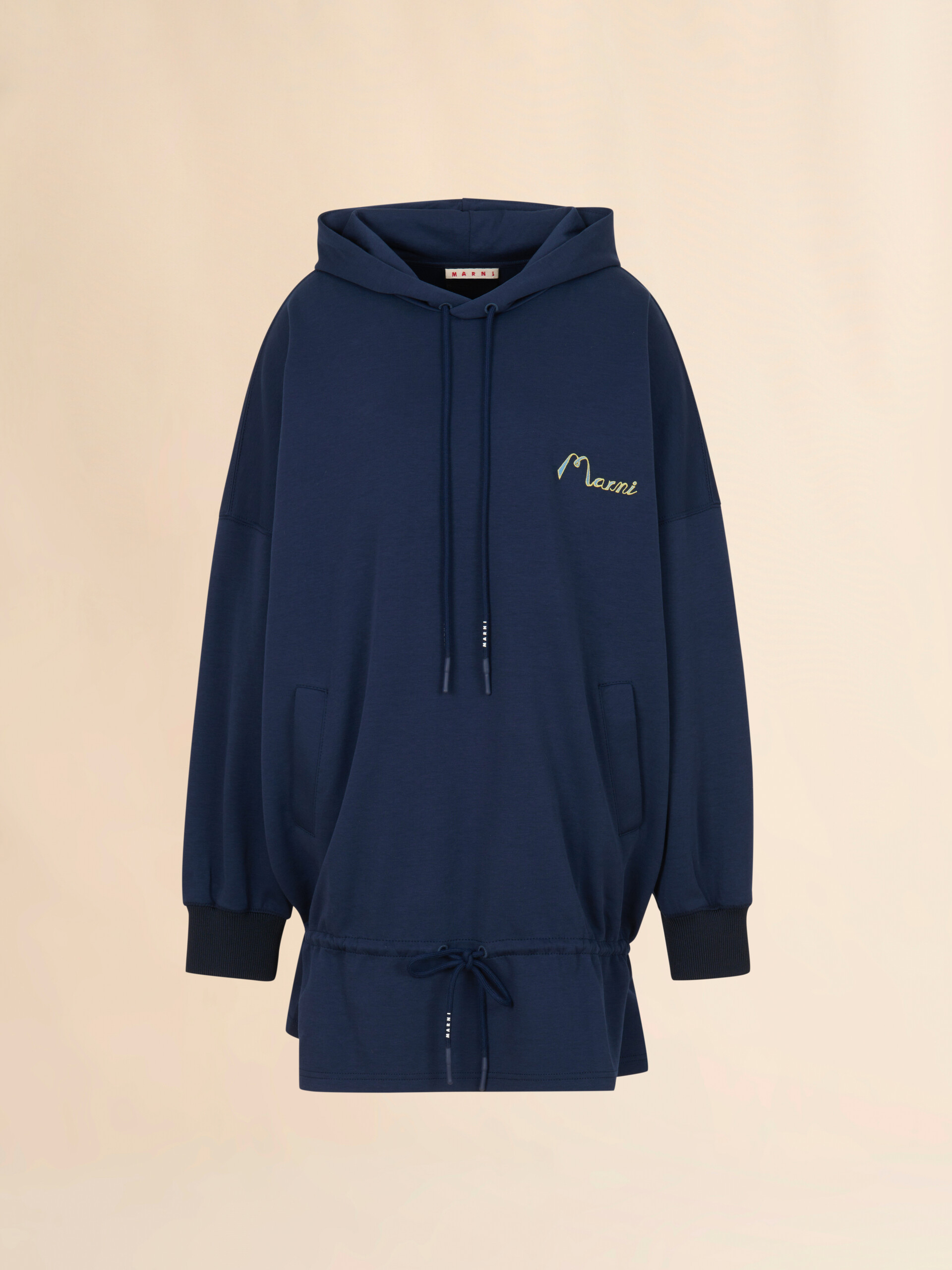 ドローストリングフリル付き ディープブルー コットン スウェットドレス - ニット - Image 1