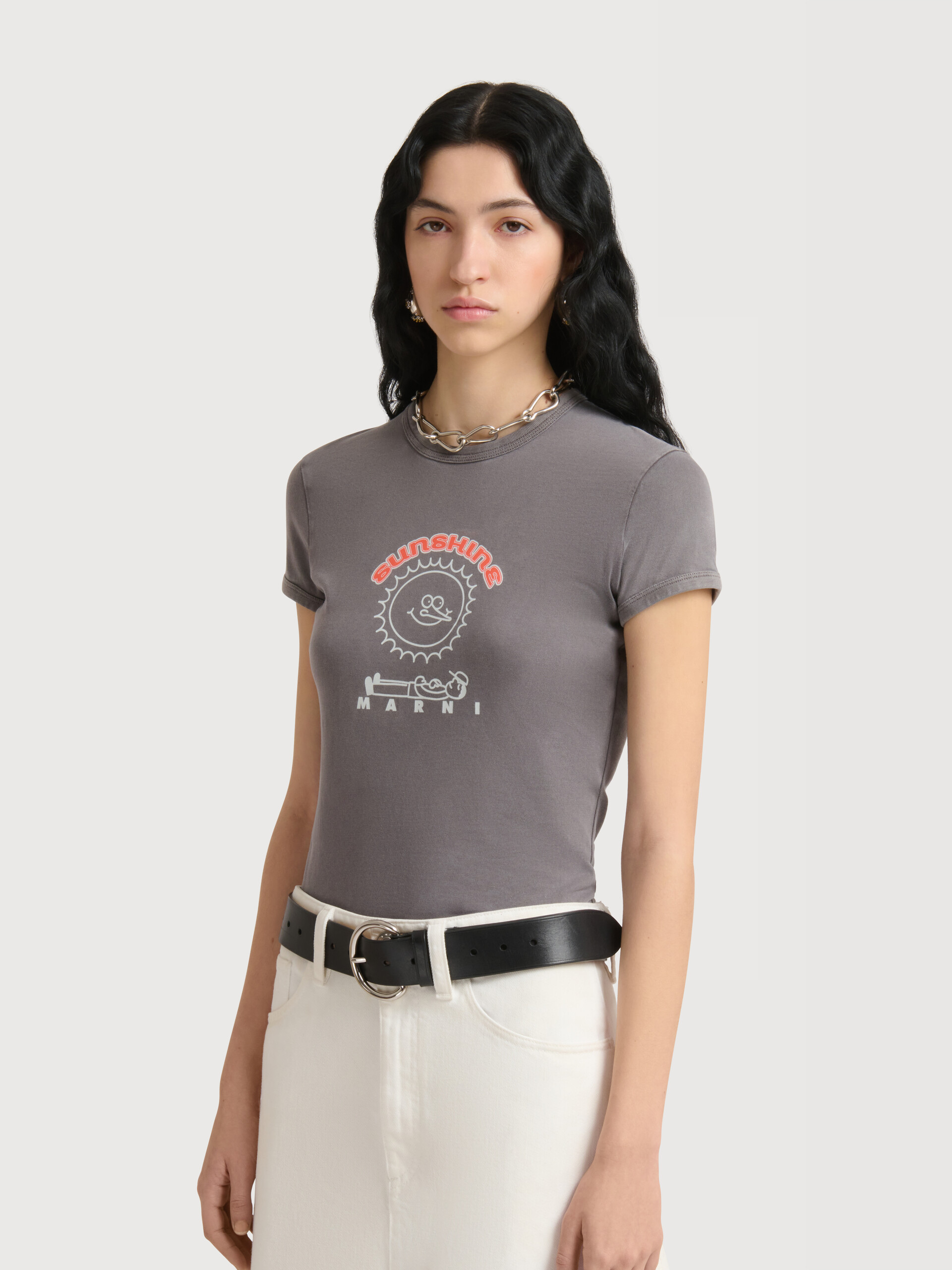 Grey cotton T-shirt with sunshine print - T-shirts - Image 3
