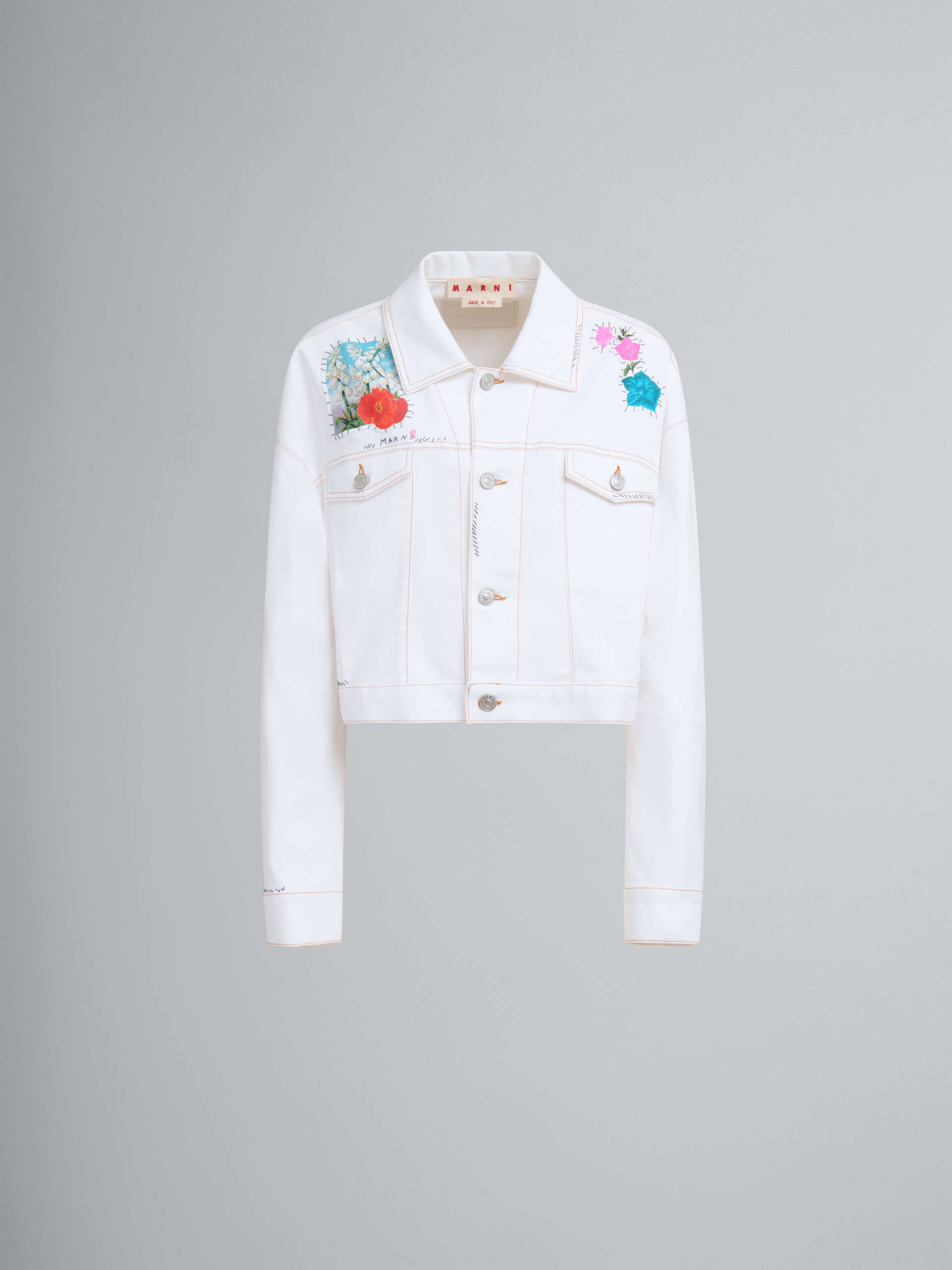 White denim jacket with flower patches - Jackets - Image 1
