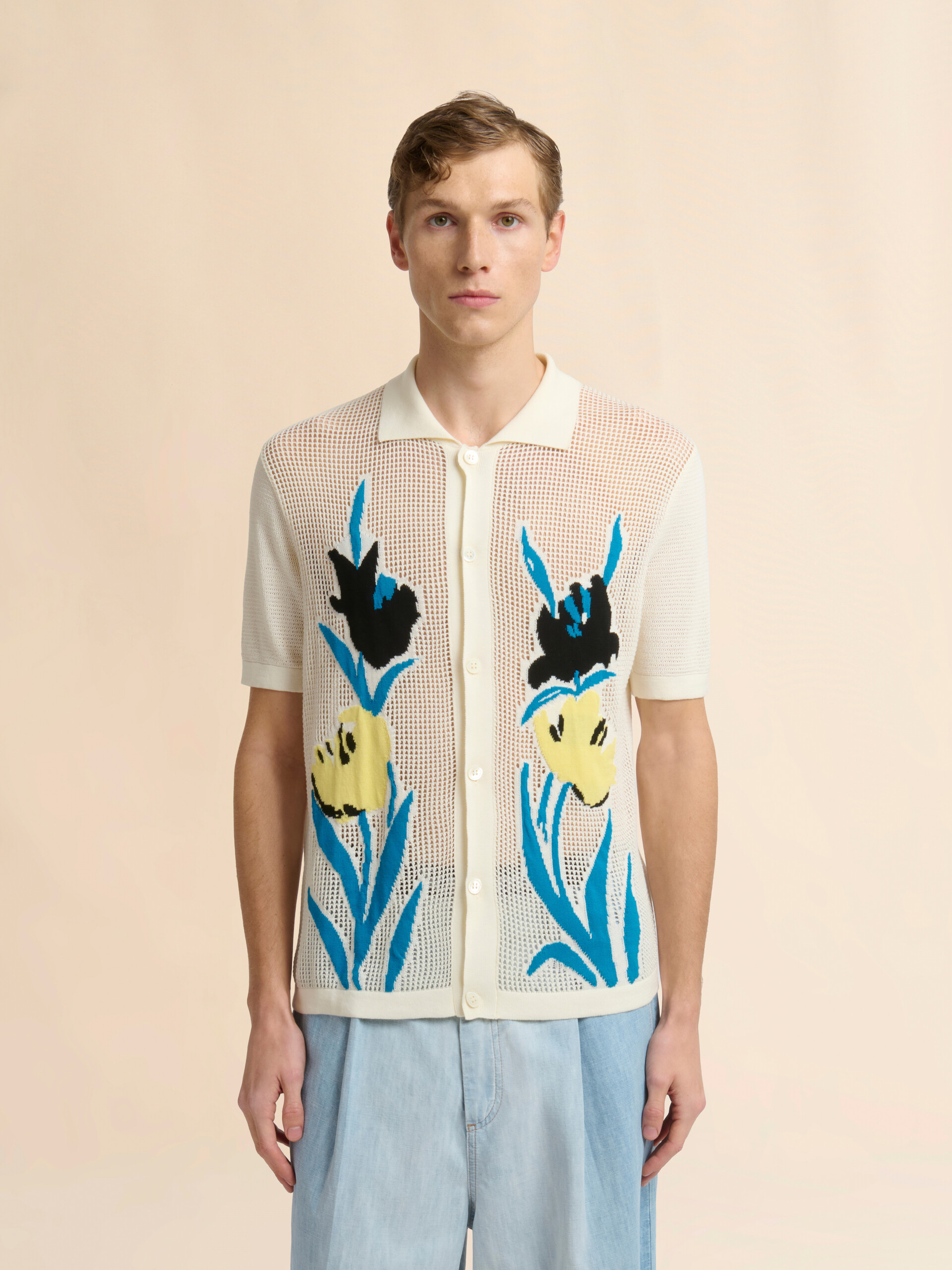 クリーム コットン製メッシュカーディガン、フローラルインターシャ - プルオーバー - Image 2