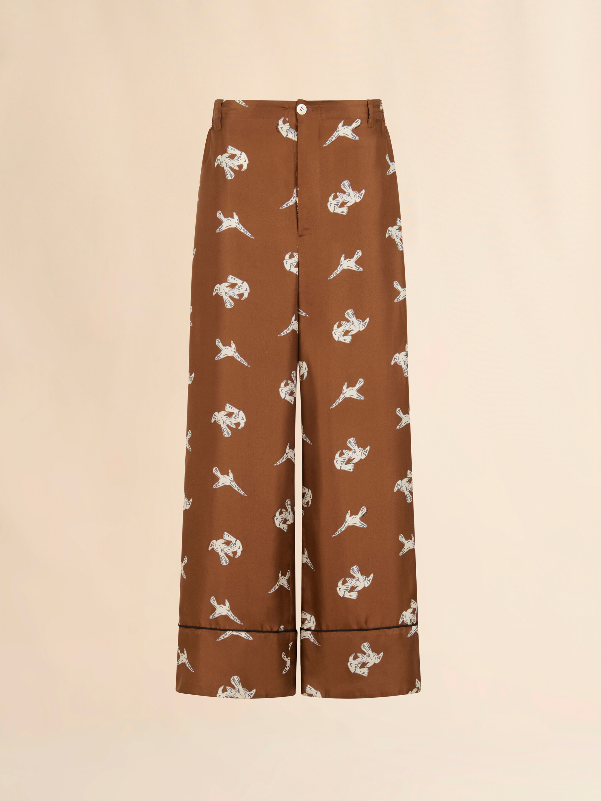 ブラウン シルクツイルパンツ カラスプリント入り - パンツ - Image 1