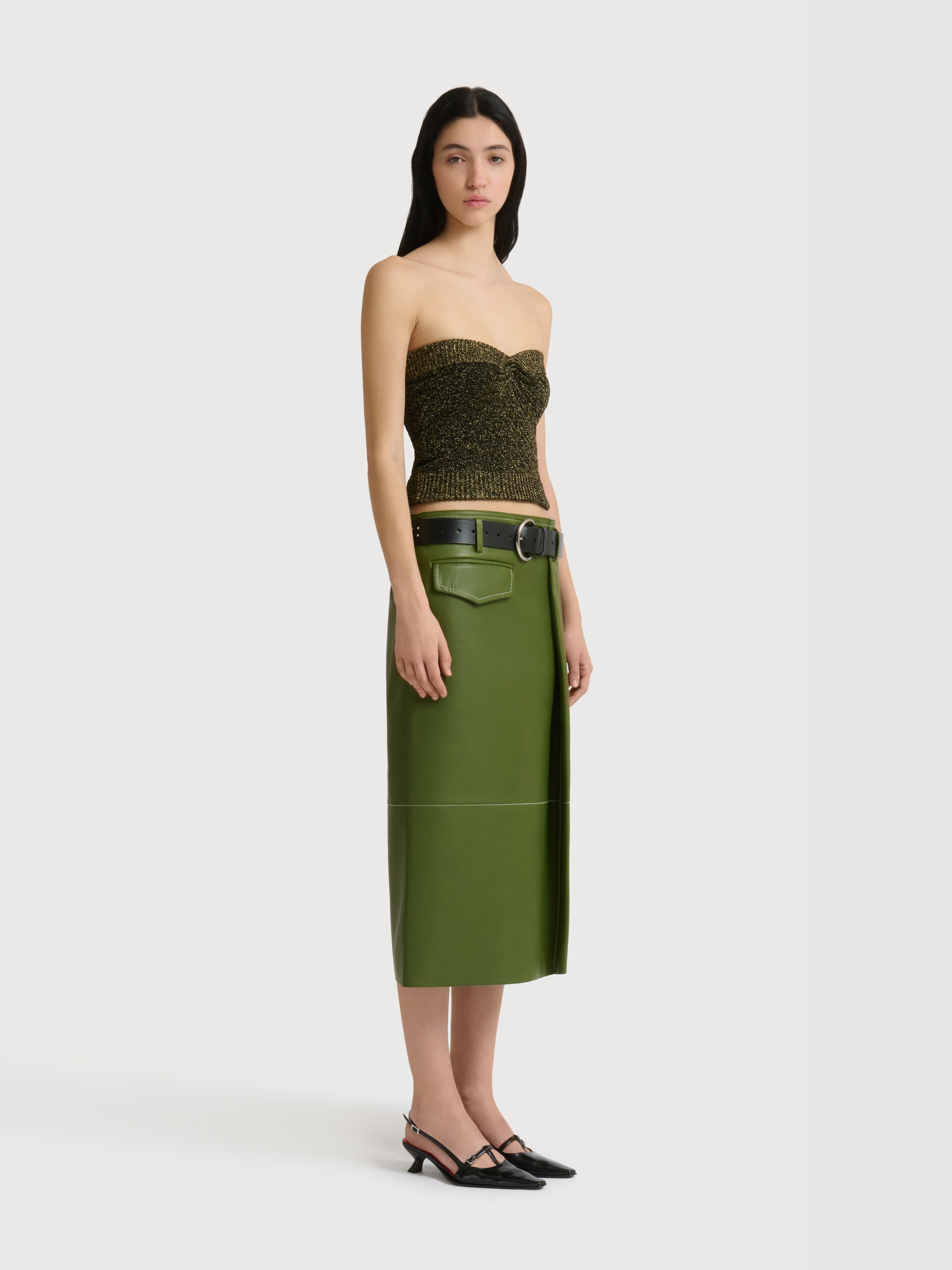 Green bonded nappa leather midi skirt with pocket - Skirts - Image 3
