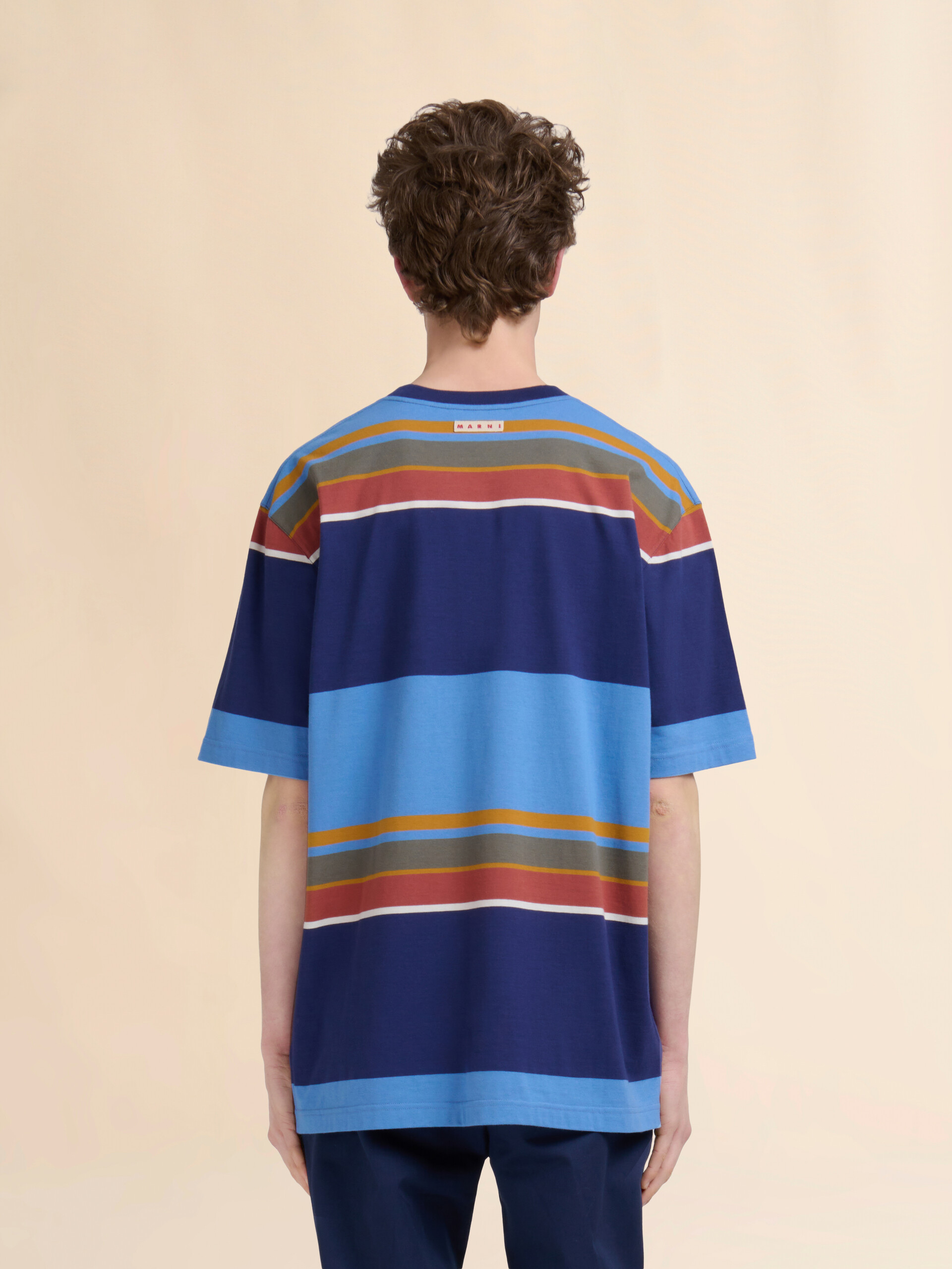 Blue organic cotton T-shirt with colour-block stripes - Shirts - Image 3