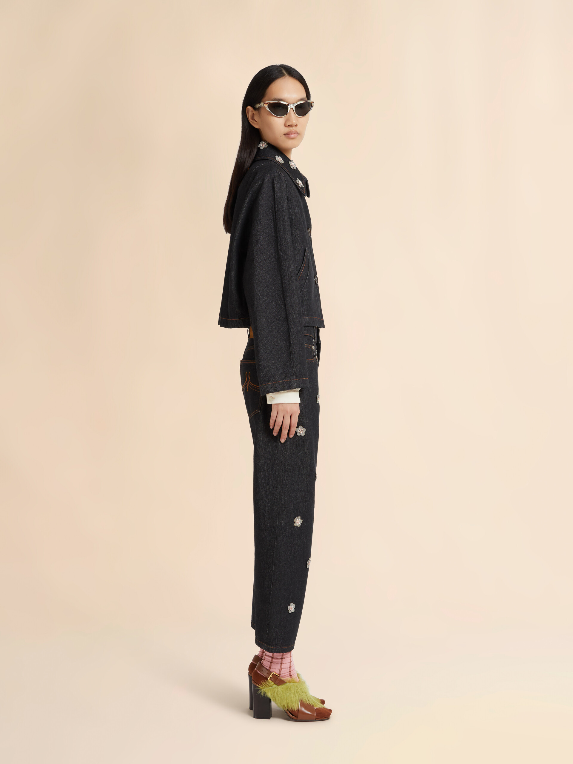 Black denim jeans with daisy appliqués - Pants - Image 6